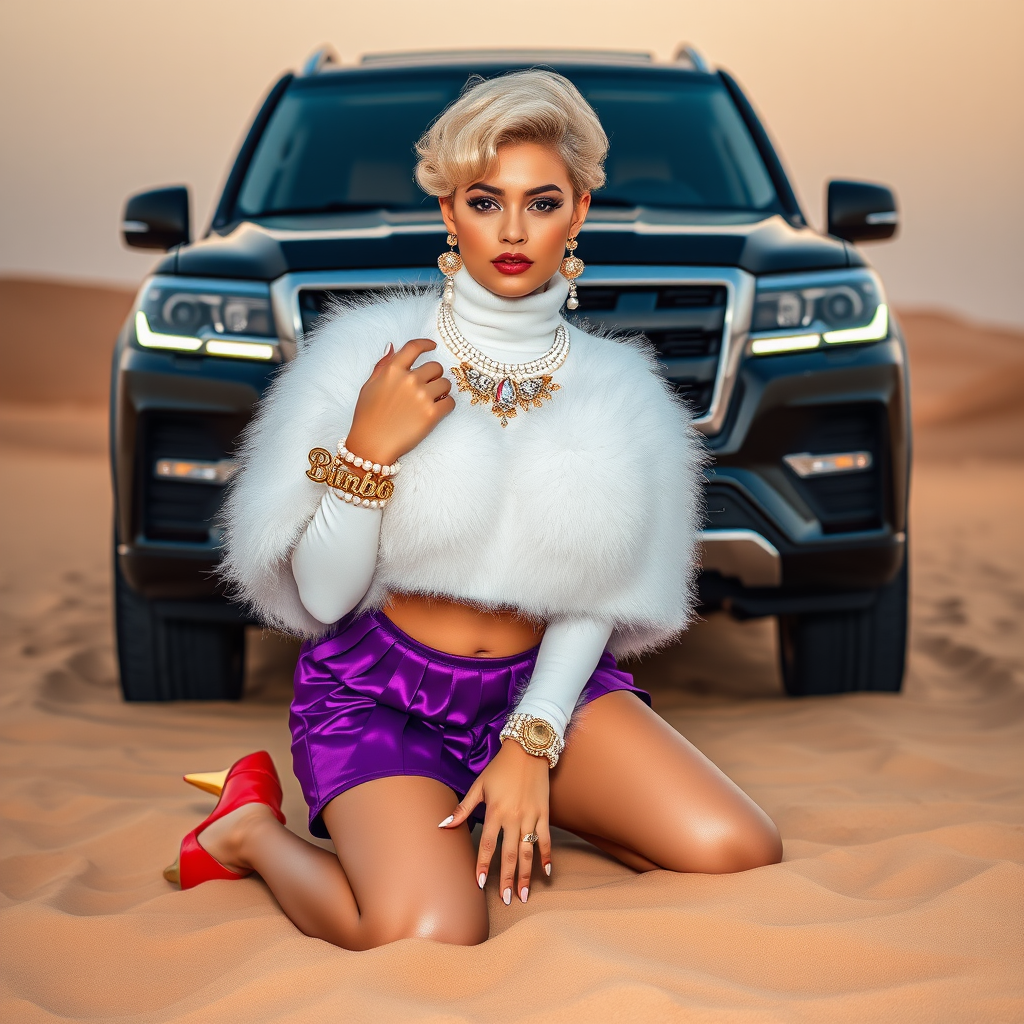 Kuwait desert dunes misty dawn, full size luxury SUV: Melissa, European 17 years old very convincing femboy “trophy-bimbo”, tamed servile docile, very beautiful feminine flawless face, rather short, by hormones very curvaceous womanly figured, platinum blond short tight curls, bold red lips, long white French nails, heavily made-up face, wearing Supertanya-style fluffy very fuzzy bright white angora turtleneck-poncho cropped ending under bust decorated with pearls and glass stones, very tight purple vinyl mini pleated skirt, bright red pumps with golden very high heels, white pearl belly piercing, full Oriental bridal jewelry including headpiece, nose-ring, coin wristlets, coin anklets, striking diamond “Bimbo” letter brooch on left chest, thick heavy pearl wristlets, pearl anklets, pout frustrated, kneeling in sand in front of SUV, looking at camera. Focus on face and turtleneck-poncho.