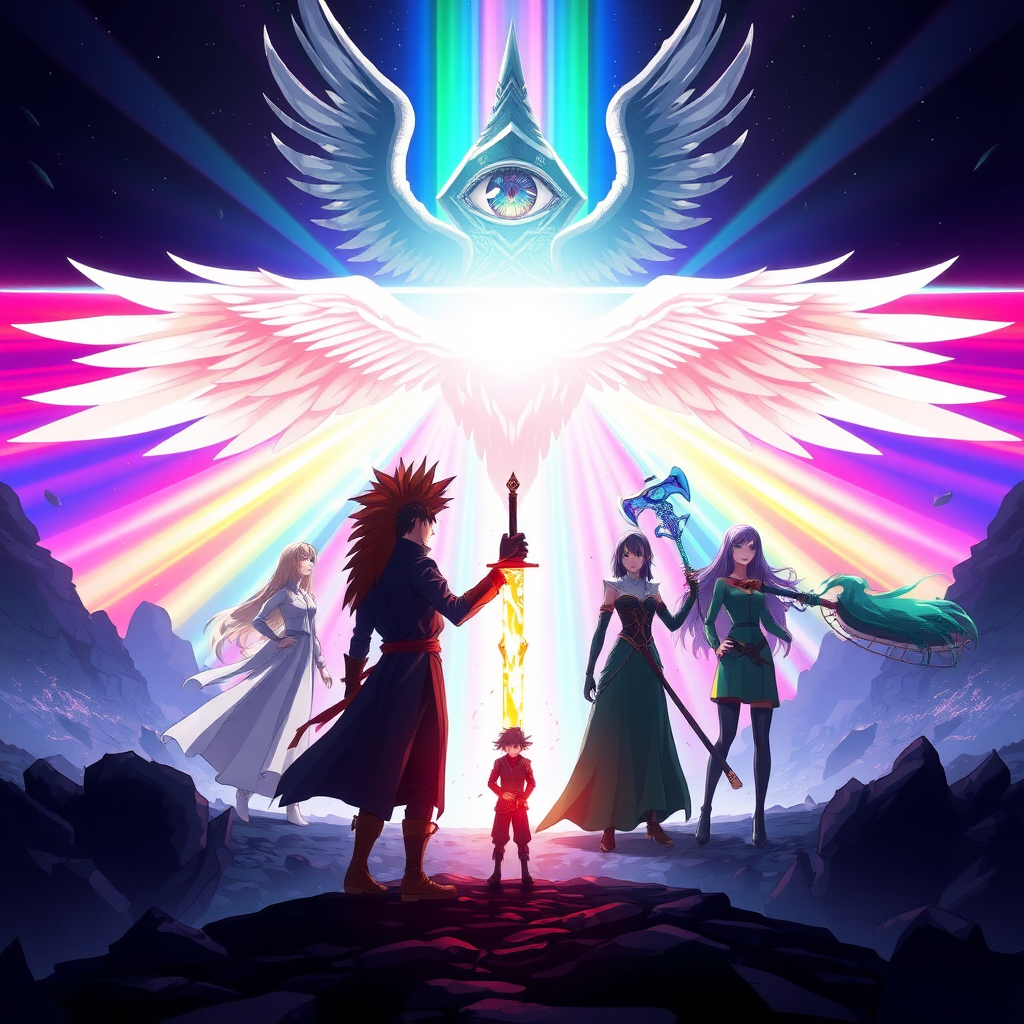 (Anime Styled Art) Set against the void of a shattered world, a radiant, prismatic barrier pulses with vibrant colors, cutting through the darkness like a beacon of defiance. In the center of this surreal battlefield, a colossal figure hovers—both divine and terrifying. Its form is angelic yet grotesque, crowned by a singular, malevolent eye that radiates an aura of dread, its four ethereal wings spread wide as if to dominate the very sky. The eye's gaze, piercing and all-knowing, locks onto the warriors below, a challenge in the air.

In the foreground, the silhouetted figure of a lone warrior stands tall, his dark brown fohawk rippling in the stillness, his stance unshaken. In his hand burns a flaming sword, ablaze in shifting hues of rainbow light, as if forged from the very essence of the barrier itself. Behind him, three allies stand ready—each a force of nature in their own right. To his left, a mage draped in flowing white robes, her long blonde hair cascading like sunlight, magic crackling at her fingertips. To his right, a fierce warrior with violet hair, her blue axe gleaming with an unholy power, its sheer size a testament to her strength. Completing the group is a striking woman, her green hair flowing like a river, cloaked in deep emerald robes, exuding an aura of serenity and lethal precision.

Together, they face the overwhelming entity, their resolve unwavering as they prepare for the battle that will decide the fate of this ruined world.