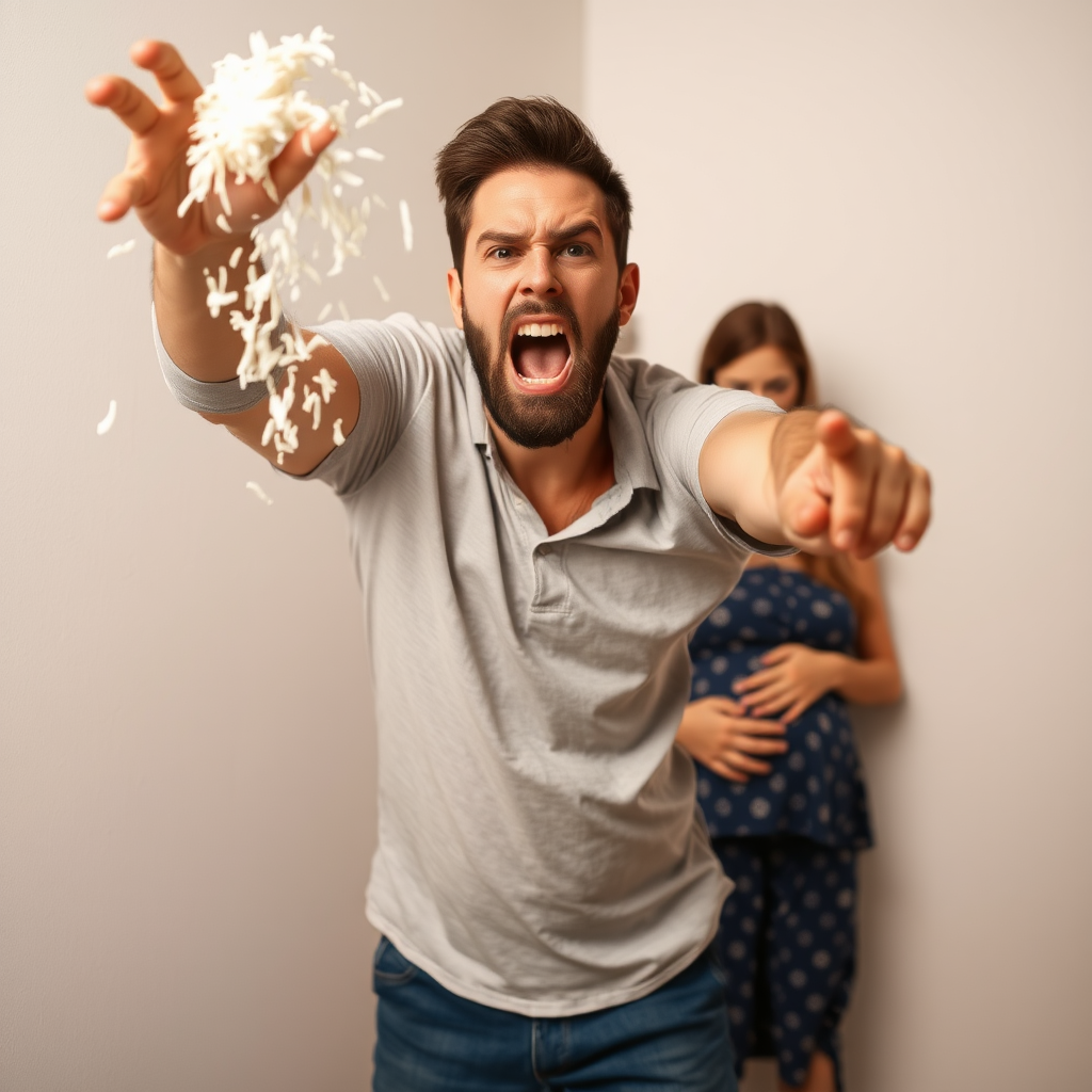 An angry, young, Caucasian man throwing rice at the wall. His pregnant wife is in the background, cowering in fear.