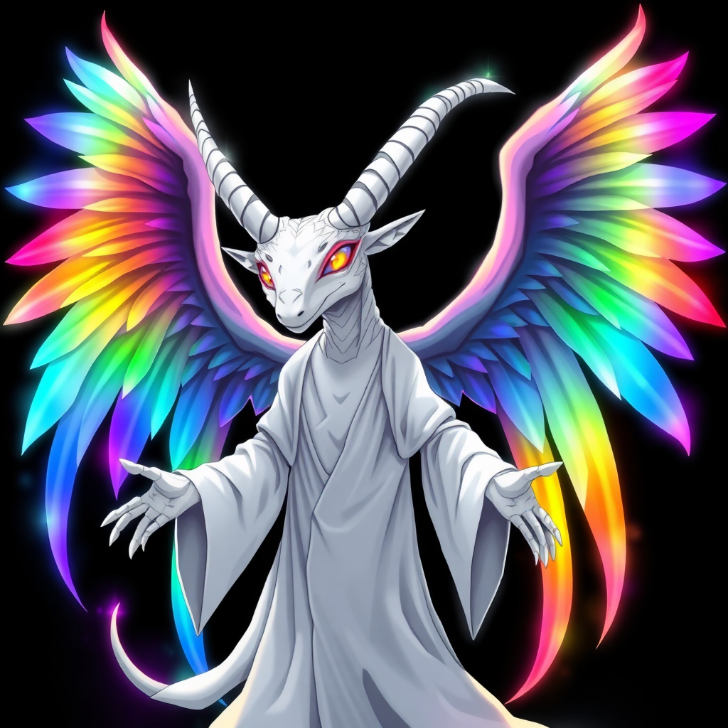 (Anime-styled art), image set against a black background features a tall, white reptilian humanoid resembling a goat, adorned with two elegant white horns. Its mesmerizing rainbow eyes shine with intensity, while it wears flowing white robes. A vibrant, chaotic aura radiates around its entire form, and it stands with outstretched hands, showcasing three magnificent rainbow-hued angelic wings that embody a sense of chaos and beauty.