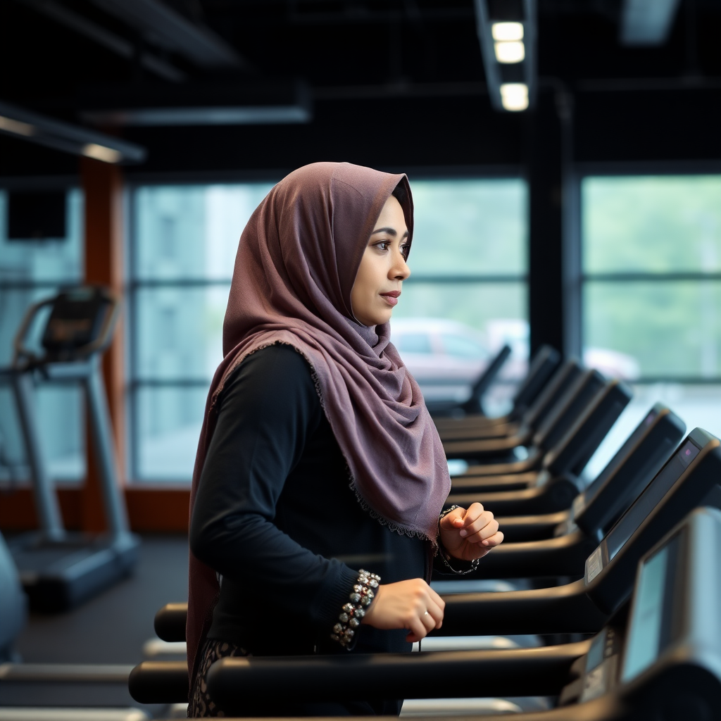 Indian wife, hijab, working out on treadmill in gym