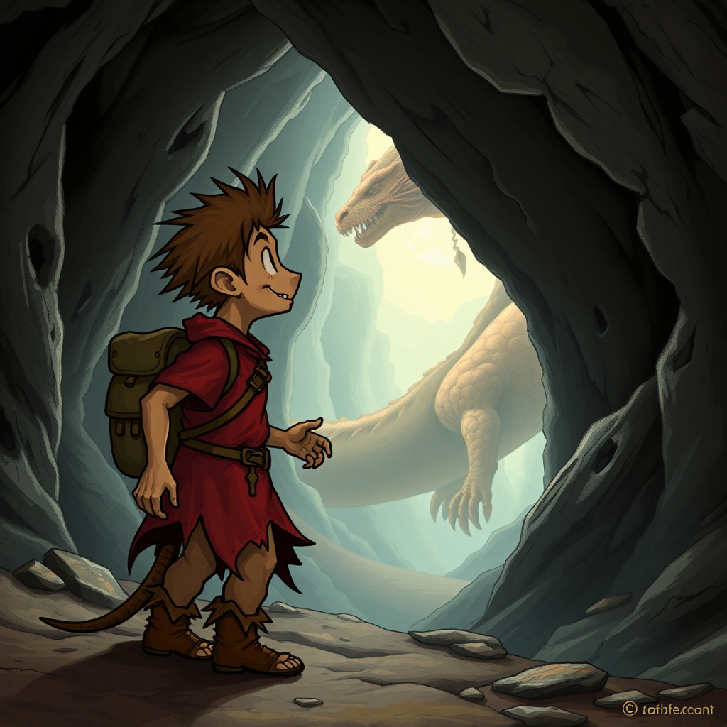 A dungeons and dragons style small, skinny, light brown, kobald monster in a tattered red tunic and dirty brown pants wearing a backpack on his back who is excited to see a large sleeping dragon in a cave.