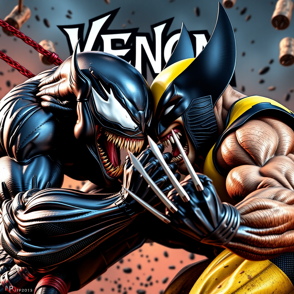 On a comic book cover is Venom Vs Wolverine in Cinematic Real3d photo-realistic quality.