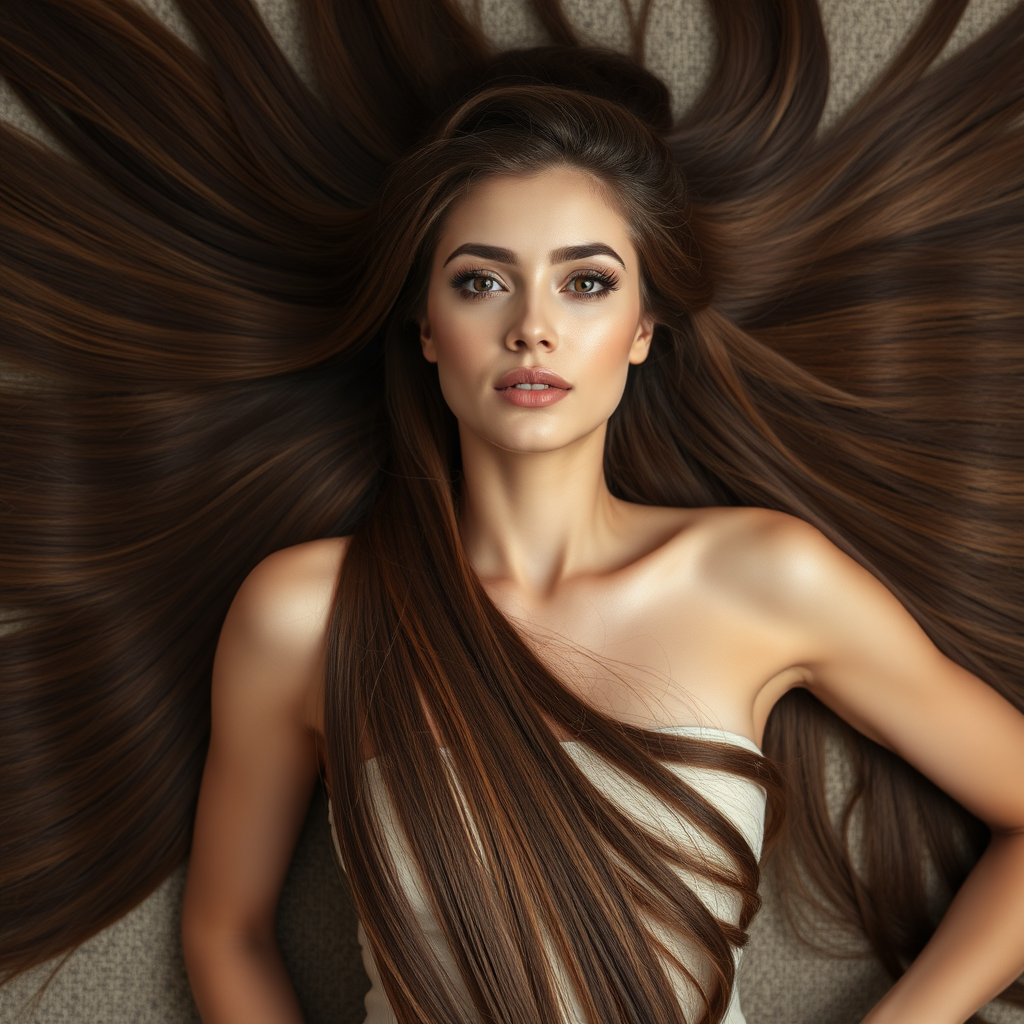 A beautiful woman laying on her back staring up at the camera. Her very long hair meticulously fanned out to display its length and beauty.