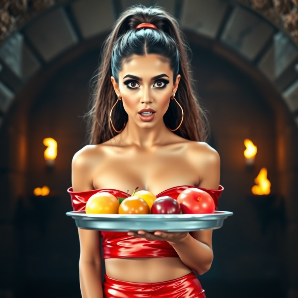 realistic photo of a surprised Arabian model with mouth open. She has very large eyes, black eyeshadow, black eyeliner, fake eyelashes, very tanned skin, very long hair. very high ponytail, she look likes princess jasmine, shinny red off shoulder crop top. photo realistic. She holds a metal tray with fruits just above her waist. crop top, shinny red skirt. full body view. shinny red pencil skirt. dungeon with fire torches in the background.