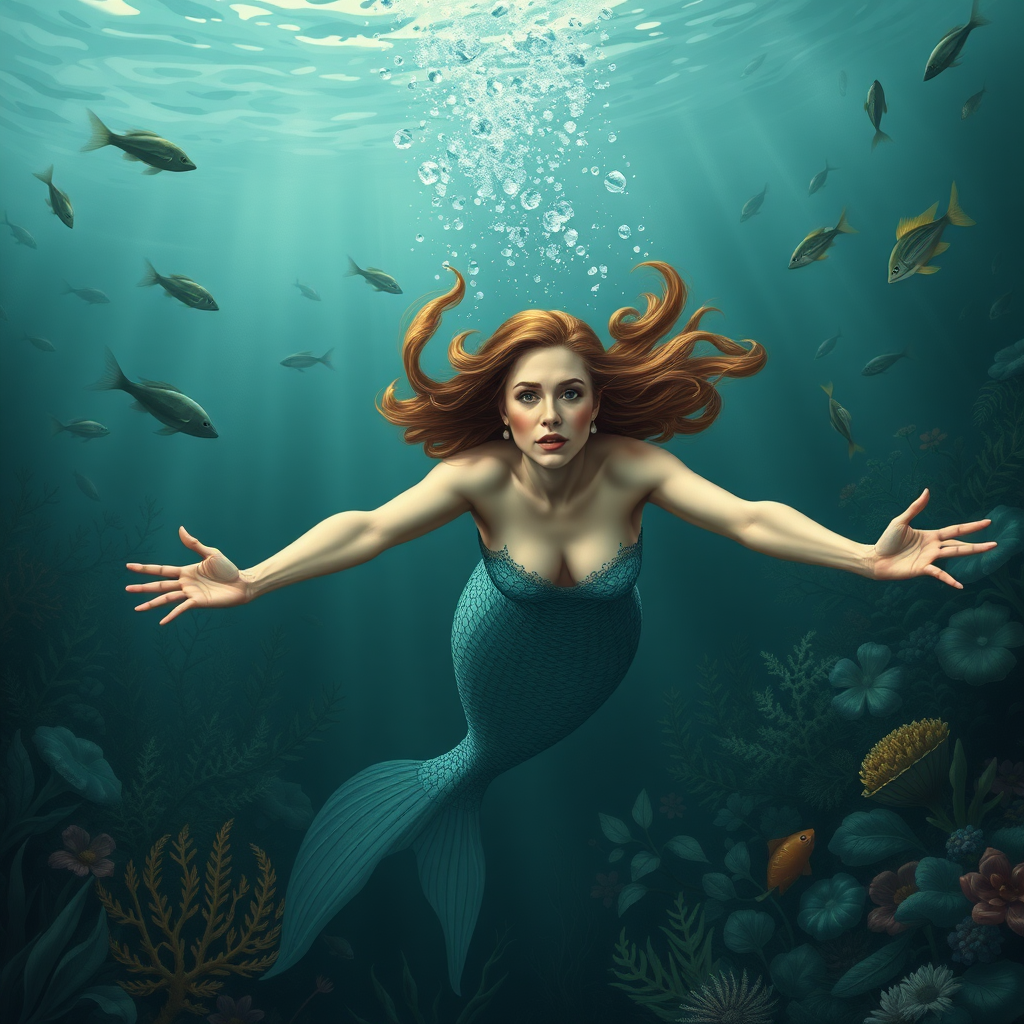 Sookie Stackhouse as a mermaid. She's diving down towards the viewer of the image, arms outstretched. The sea is deep and mysterious and filled with a myriad of ocean life plants, fish, and other aquatic life. In the art style of Thomas P. Peschak