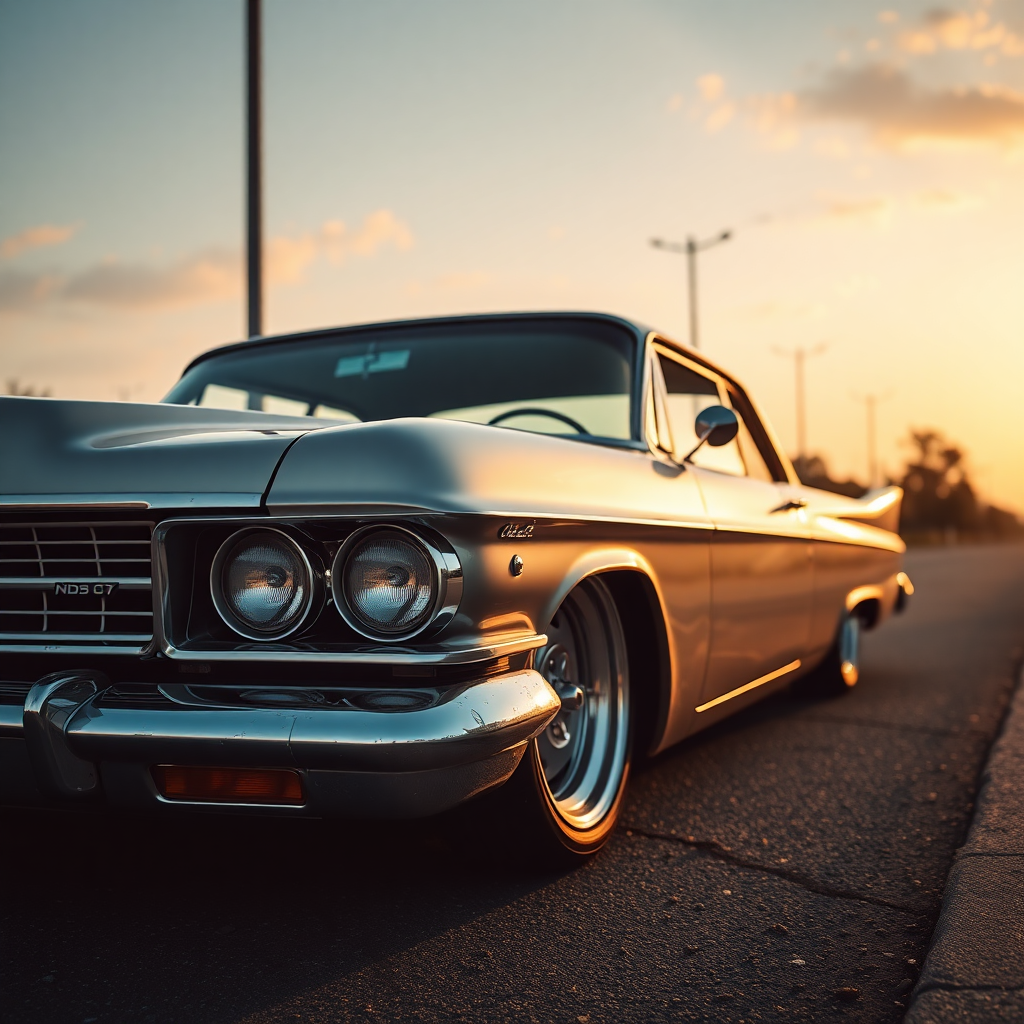 the car is parked on the side of the road, inspired by Taiyō Matsumoto, tumblr, restomod, nd4, c4 metallic shine classic american low rider car