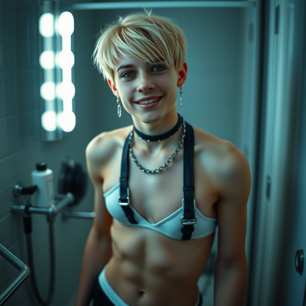 photorealistic, ultra high resolution, 16K, surreal fantasy, studio lighting, a pretty 16 year old goth boy, slim male physique, short blonde hair, goth makeup, earrings, pantyhose, harness, spikey dog collar and leash, trainer-bra, white ballet shoes, in the bathroom, excited smile, facing the camera.