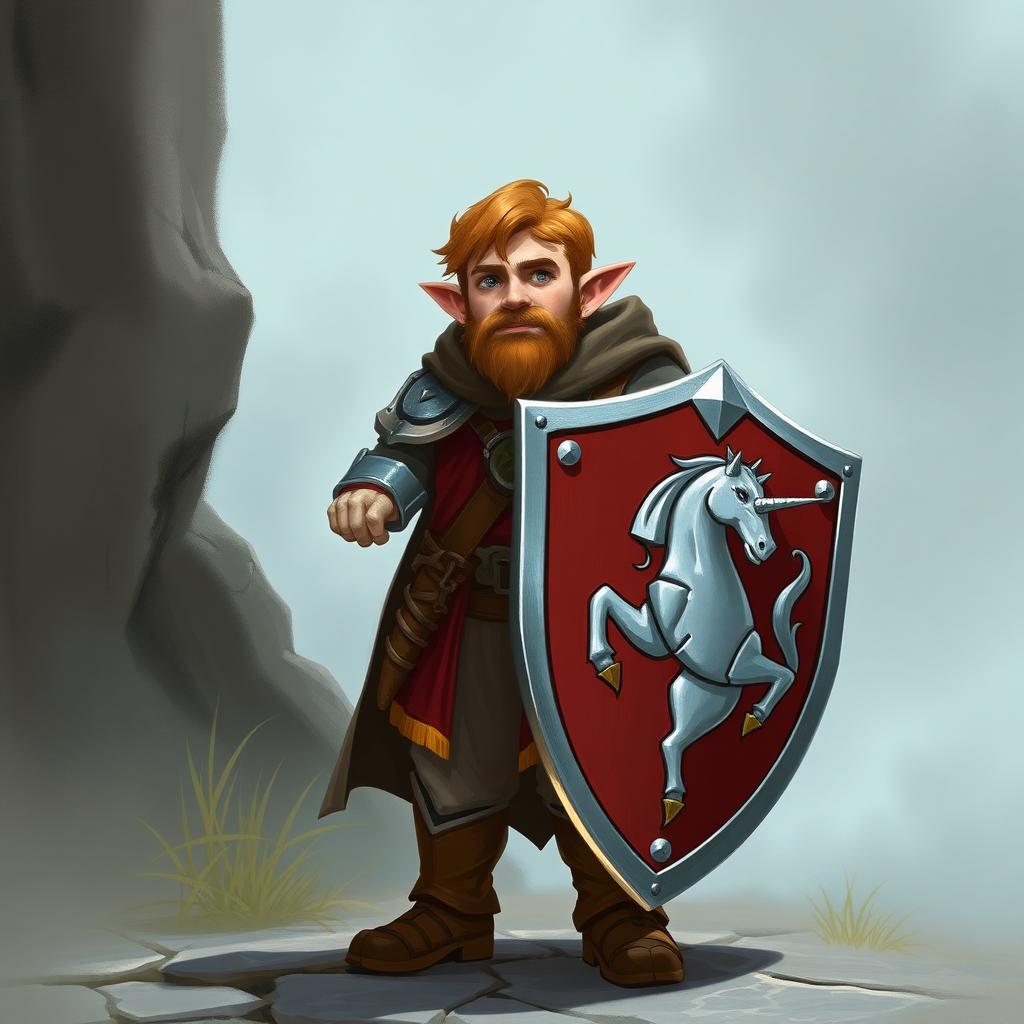 In a fantasy world, a halfling paladin, wearing a shield, high definition, normal and standard appearance, not wearing a beard. Character standing upright, sword at his side and shield on his left arm. On the shield, there is a silver unicorn depicted.