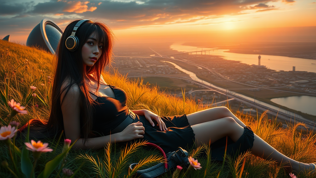 nice azian woman long hair, pretty short black dress, lay in the grass with flowers, with headphone, alien planet, aliens buildings, with nice greenery flowers and rivers, beach, nice sunset, highways and streets, ultra realistic view high detail