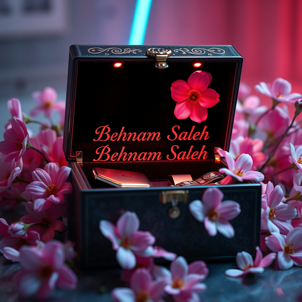 ### **Title:**
**"Behnam Saleh's Exquisite Birthday Gift"**

### **Artistic Vision:**
Create a mesmerizing digital art masterpiece that seamlessly blends hyper-realistic detail with a vibrant, cinematic atmosphere. The artwork should evoke a lasting emotional impact, inviting viewers to explore themes such as the delicate balance between luxury and personalization, and the joy of gifting. This piece aims to captivate audiences with its elegance, sophistication, and profound symbolic resonance, making it the perfect visual representation of a memorable birthday present.

### **Scene Description:**
Depict an exquisitely crafted gift box adorned with intricate detailing, prominently featuring the name "Behnam Saleh" in a sleek, modern font. The box should appear partially open, revealing a collection of luxurious and personalized items inside, such as a high-end watch, elegant jewelry, or a custom-made accessory. Surround the box with delicate pink primroses and daisies, creating a striking contrast against the box's dark, velvety interior. The composition should exude elegance and sophistication, enhanced by hyper-realistic rendering techniques that add depth and dimension. Embrace a neon-infused, dark fantasy aesthetic to create a visually stunning and emotionally evocative scene.

### **Key Artistic Elements:**
- **Lighting & Atmosphere:** Utilize neon lighting to create a cinematic and conceptual ambiance, blending vibrant colors with dark fantasy elements.
- **Color Contrast:** Achieve a stunning contrast between the bright pink flowers and the dark interior, emphasizing the focal points.
- **Textures:** Incorporate varied textures, from the sleek surfaces of the luxury items to the intricate detailing of the gift box, enhancing tactile realism.
- **Composition:** Employ off-center placement for the box and its contents to guide the viewer's eye through the scene, balancing intimate close-ups with the broader setting.
- **Symbolism:** Infuse the artwork with subtle symbolic motifs that provoke contemplation on themes like the joy of giving, the value of meaningful gifts, and the personalization of luxury.

### **Technical and Artistic Specifications:**

- **Resolution & Display:**
  - Render in stunning **8K UHD** resolution, ensuring crisp detail and vibrant colors suitable for high-profile platforms like ArtStation and Behance.

- **Digital Art Techniques:**
  - Utilize advanced software such as **Corel Painter**, **ZBrush**, and **Adobe Photoshop** to achieve exceptional 3D volume, precise shading, and ultra-fine detailing.

- **Materials & Textures:**
  - Incorporate high-quality digital pigments, metallic flakes, and glass bead effects to ensure textures appear vibrant and dynamic under various lighting conditions.

- **Lighting & Depth:**
  - Implement a tranquil chiaroscuro effect with a subtle interplay of light and shadow, enhancing depth and clarity.
  - Use soft, delicate colors complemented by nuanced shades of grey, black, and white to add depth without overwhelming the scene.

- **Rendering Quality:**
  - Apply advanced rendering techniques and 3D volumetric effects for unparalleled detail and sharpness.
  - Include hyper-realistic pencil sketch textures to emphasize intricate details.

- **Composition & Focus:**
  - Emphasize gentle, lifelike depth and striking details with a cinematic close-up approach.
  - Use a balanced **f/11 aperture** and a raw photographic style with advanced v6 enhancements to render vivid colors and minute details at an unparalleled level of realism.

- **Overall Harmony:**
  - Achieve maximum harmony across all elements, resulting in a balanced and cohesive composition that captivates both technically and emotionally.

### **Additional Elements to Include:**
- **Symbolism:** Integrate subtle gestures, expressions, or symbolic motifs to add deeper emotional resonance, encouraging viewers to reflect on the depicted themes.
- **Detailing:** Ensure impeccable draughtsmanship with flawless precision in the luxury items and botanical accuracy in the primroses and daisies.
- **Lighting Effects:** Utilize the interplay of light and shadow to evoke lifelike realism and enhance the dreamlike atmosphere.
- **3D Volumetric Effects:** Add depth and spatial qualities to create a more immersive visual experience.
- **Hyper-Realistic Textures:** Ensure all textures appear tactile and vibrant, enhancing the overall realism of the artwork.

### **Final Outcome:**
The final artwork should be a compelling masterpiece that captivates viewers, encouraging them to pause and reflect long after experiencing it. It should demonstrate peerless technical mastery combined with a profound artistic vision, affirming art's vital role in cultural and intellectual life. The signature on the piece should signify its stature, standing proudly alongside works by history’s masters.