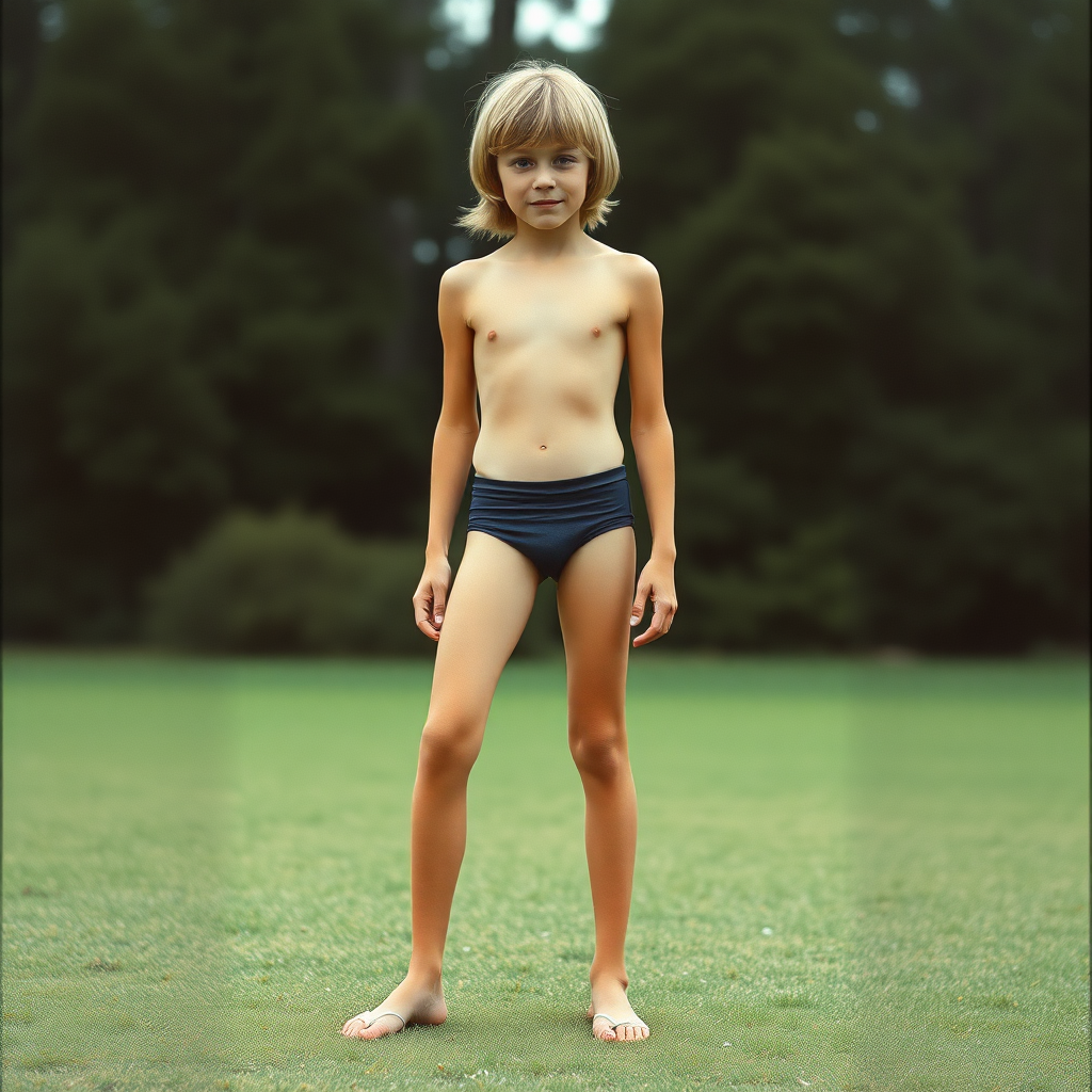 A skinny 14yo teen boy, long hair bowl cut, wearing tight narrow speedo, long legs, narrow thighs. full-length view. 1970s. photorealistic, ultra high resolution, 16K, Negative: grainy, blurry, bad anatomy, extra limbs, watermark.