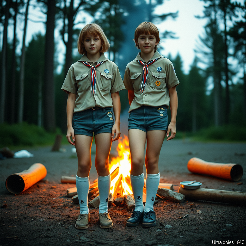 Two tall 14-year-old teen boys, bob cut, wearing American boy scout uniform with uniform matching very tight booty shorts, tube socks, shoes, long legs, narrow thighs. A campfire. Full-length view. 1980s. Photorealistic, ultra high resolution, 16K. Negative: grainy, blurry, bad anatomy, extra limbs, watermark.