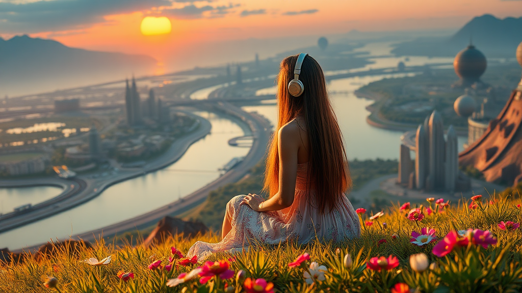 pretty azian woman long hair, pretty dress, sit on the grass with flowers, with headphone, alien planet, aliens buildings, with nice greenery flowers and rivers, beach, nice sunset, highways and streets, ultra realistic view high detail