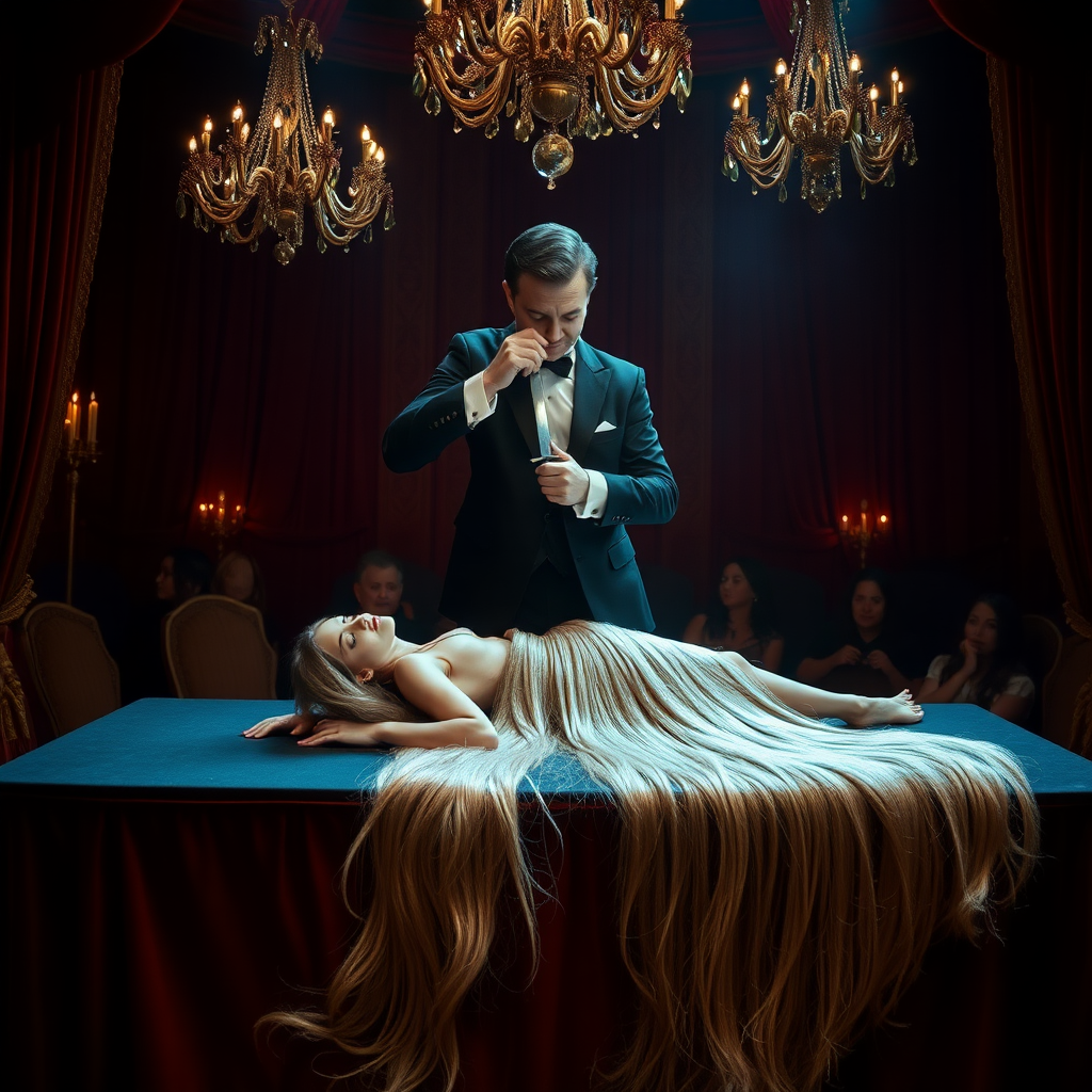 In a grand, dimly lit magic theater adorned with opulent velvet curtains and shimmering chandeliers, a beautiful female magic assistant lies gracefully on a narrow stage table, her extraordinarily long shimmering hair cascading like a silken waterfall onto the floor. Her expression is serene yet slightly mischievous, as she plays her part in the thrilling illusion. The magician, clad in a classic black tuxedo with crisp white cuffs, hovers over her, focused intently on the dramatic performance. The air is thick with anticipation and the faint scent of magical herbs from the props nearby. As he prepares to saw her in half, the audience holds its collective breath, eyes wide with wonder. The magician's hands move deftly, the blade gleaming under the stage lights, contrasting with the deep crimson velvet draped across the table. Soft gasps ripple through the crowd as the trick unfolds, and the atmosphere is charged with a mix of suspense and excitement, enveloping the scene in an enchanting aura of magic and illusion.