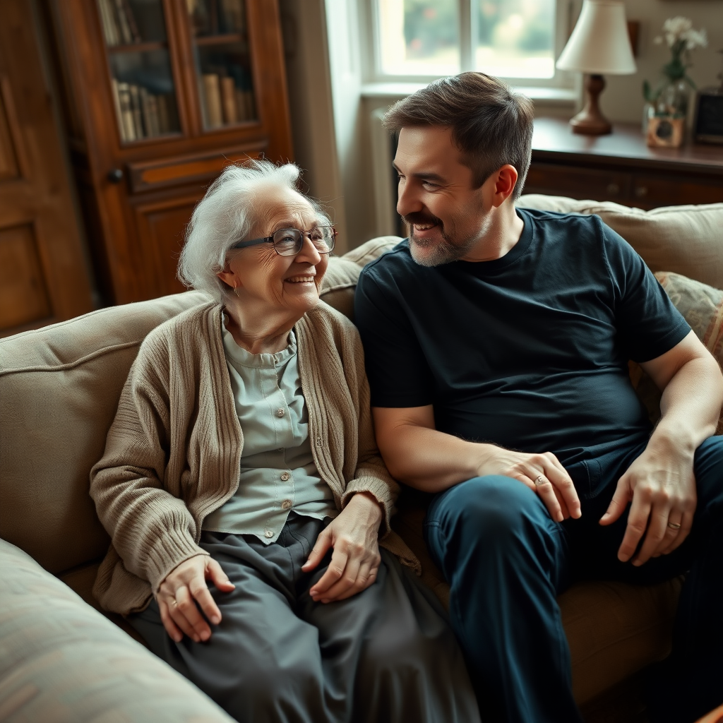 In a scene viewed from an angle and slightly above: In an old-fashioned English living room, a very frail, small and thin, very old and elderly English lady with a kind smile, short, thinning white curly hair, wrinkled face, neck and skin, wearing thin framed glasses, an old cardigan, blouse and long skirt is sitting on a sofa with an English man about 40 years old, grey stubble on his chin, brown hair, sitting close next to her on the same sofa, wearing a black T-shirt and dark blue jeans. The man and woman are smiling at each other. The woman is looking at the man's eyes and smiling. The man is looking at the woman's eyes and smiling.