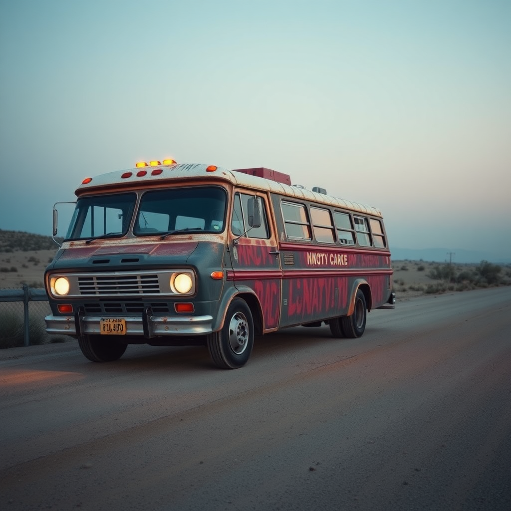 ford falcon mad max apokiptik night dust rusty the bus is parked on the side of the road, inspired by Taiyō Matsumoto, tumblr, restomod, nd4, c4