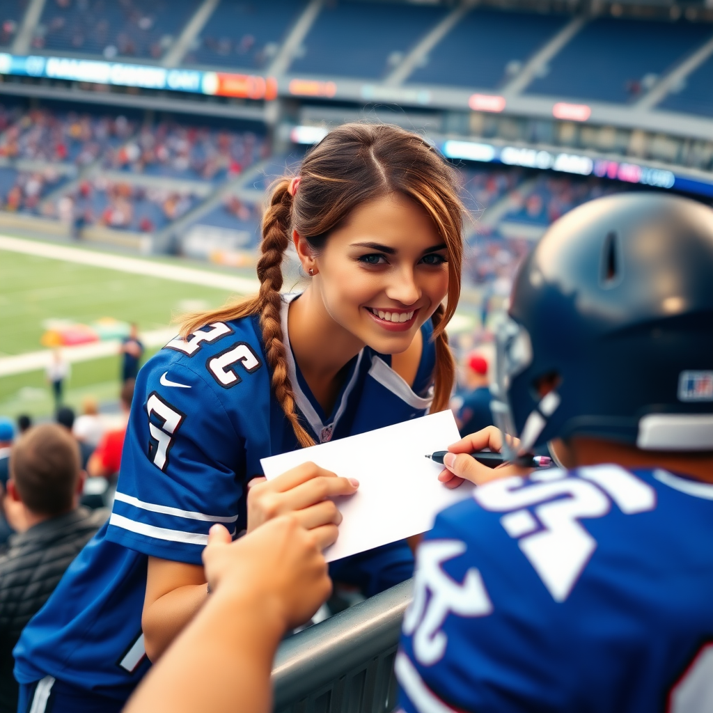 Attractive female NFL fan, pigtail hair, leaning forward over first row stadium barrier, handing out a blank paper to a player, player signs it