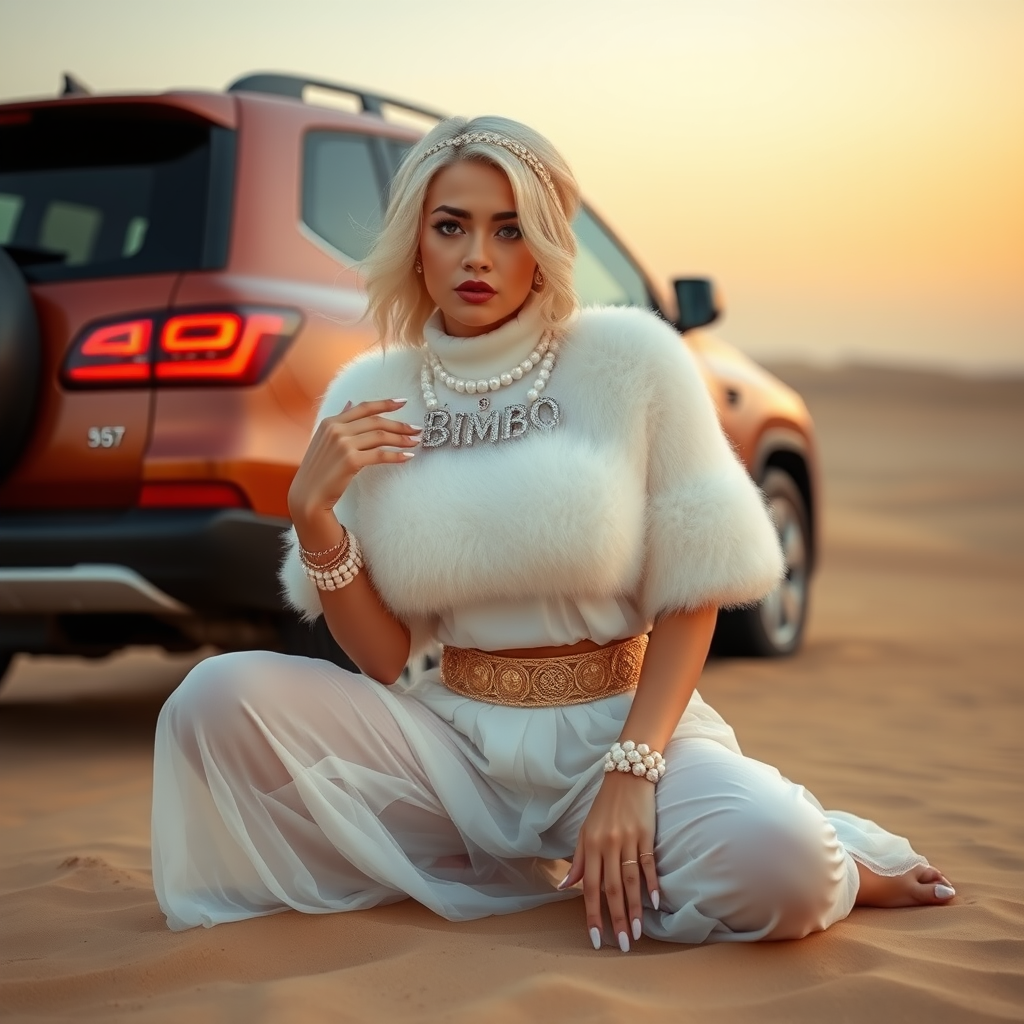 Kuwait desert dunes misty dawn, full size luxury SUV: Melissa, European 17 years old very convincing femboy “trophy-bimbo”, tamed servile docile, very beautiful feminine flawless face, rather short, by hormones very curvaceous womanly figured, platinum blond short tight curls, bold red lips, long white French nails, heavily made-up face, wearing Supertanya-style fluffy very fuzzy bright white angora turtleneck-poncho cropped ending under bust decorated with pearls and glass stones, striking oriental wide gold bridal protection belt, white fully transparent harem pants, full Oriental bridal jewelry including headpiece, nose-ring, coin wristlets, coin anklets, striking diamond “Bimbo” letter brooch on left chest, thick heavy pearl wristlets, pout frustrated, kneeling in sand in front of SUV, looking at camera. Focus on face and turtleneck-poncho.