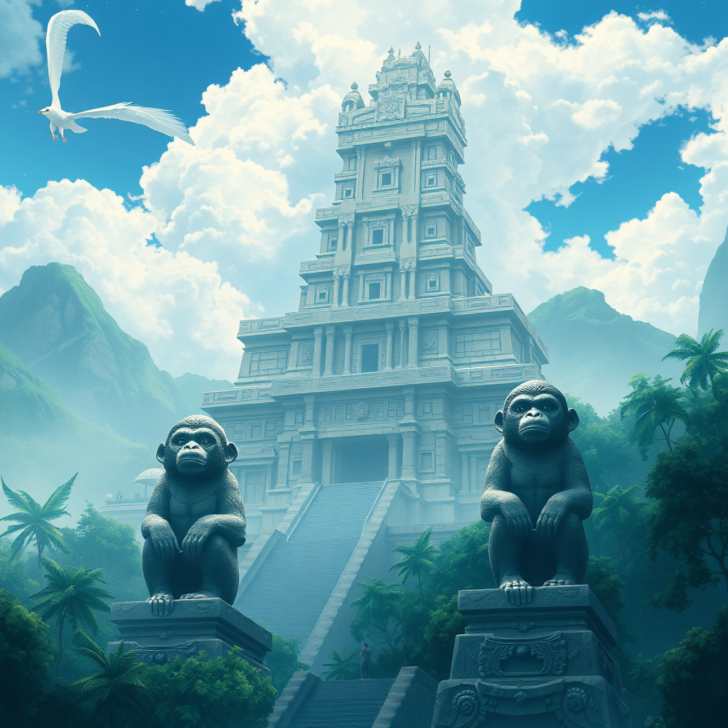 best quality, 4k, masterpiece, digital anime art, a landscape of junglish-realm, ancient-mayan looking-city, a giant-colossal massive temple with 2 monkey-statues made of stone