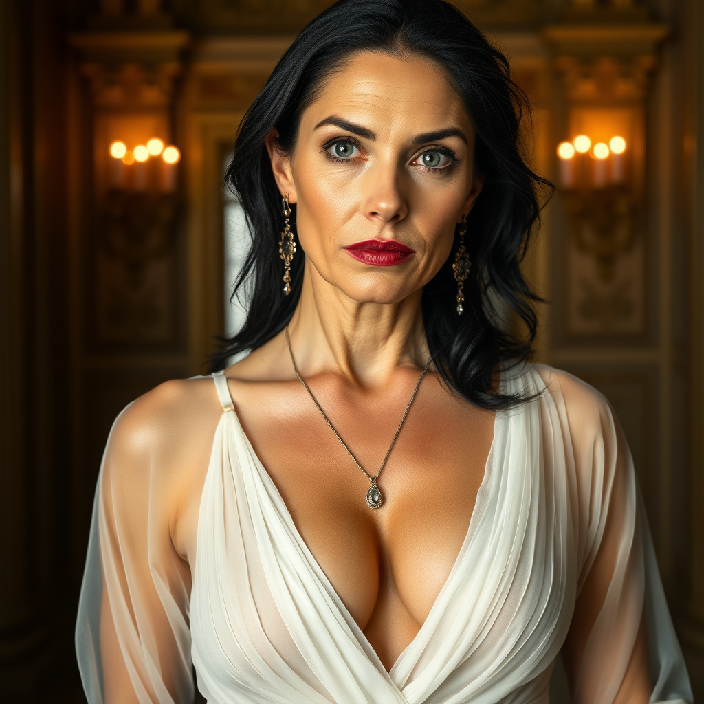 The female nude queen, aged 40, possesses pale skin, striking grey eyes, and elegantly black Grecian hair. Her visage features smooth wrinkles, suggesting a mature yet alluring beauty. Her eyes exude a sensual aura, and her lips are slightly parted, inviting curiosity. Dressed in a translucent, thin layer, white, very low-cut sheer Roman garment, she flaunts a voluptuous huge breast with pronounced areola and nipple clearly visible beneath the fabric. Adorned with sparkling earrings and a necklace, her figure is reminiscent of a MILF, exuding a captivating appeal. The grandeur of her surroundings is a majestic castle, illuminated by the dramatic, cinematic lighting of a movie set. Each element is captured with ultra-detailed 8k photography, emphasizing the opulence and intensity of the scene. This is mature content.