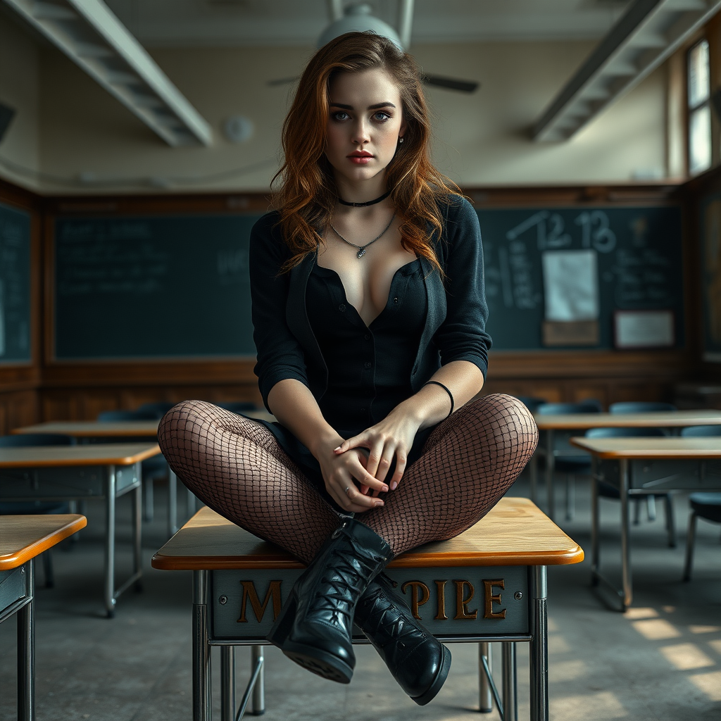 emma watson as hermione granger in goth clothes, brown hair, seductive, (braces: 1.5), slightly open mouth, pale makeup, fishnets, high heel boots, revealing hogwarts uniform, cleavage, sitting on desk cross-legged, full body shot, erotic, teasing, dark and moody, skin details, abandoned hogwarts classroom in background, photorealistic, ultra high resolution, 16K, viewed from below