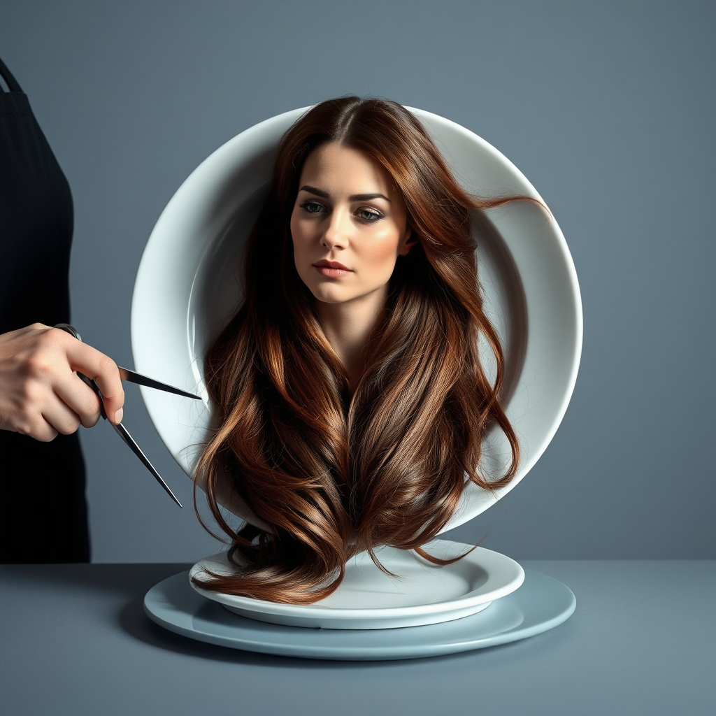 In a strikingly surreal scene, a beautifully crafted porcelain plate holds the disembodied head of a graceful Kate Middleton, her long, flowing hair cascading around like a luxurious waterfall of silky strands, shimmering in various shades of deep chestnut. Each hair seems to catch the light, creating an almost ethereal glow. Nearby, a meticulous hairdresser, dressed in a sleek black apron, carefully snips away at Kate's locks with precision scissors, their actions fluid and deliberate, emphasizing the delicate artistry of the moment.

The setting boasts minimalist decor, with a plain gray background that heightens the focus on this bizarre tableau. Soft shadows play across the smooth surface of the plate, enhancing the haunting beauty of Kate's serene expression, which conveys both elegance and an uncanny sense of stillness. The atmosphere is a blend of surreal calm and unsettling intrigue, pulling the viewer into a dreamlike space where reality and imagination intertwine. Gentle noises of scissors softly clipping away hair are the only sounds in this peculiar yet captivating scenario, heightening the tension and drawing viewers into this striking juxtaposition of beauty and the bizarre.