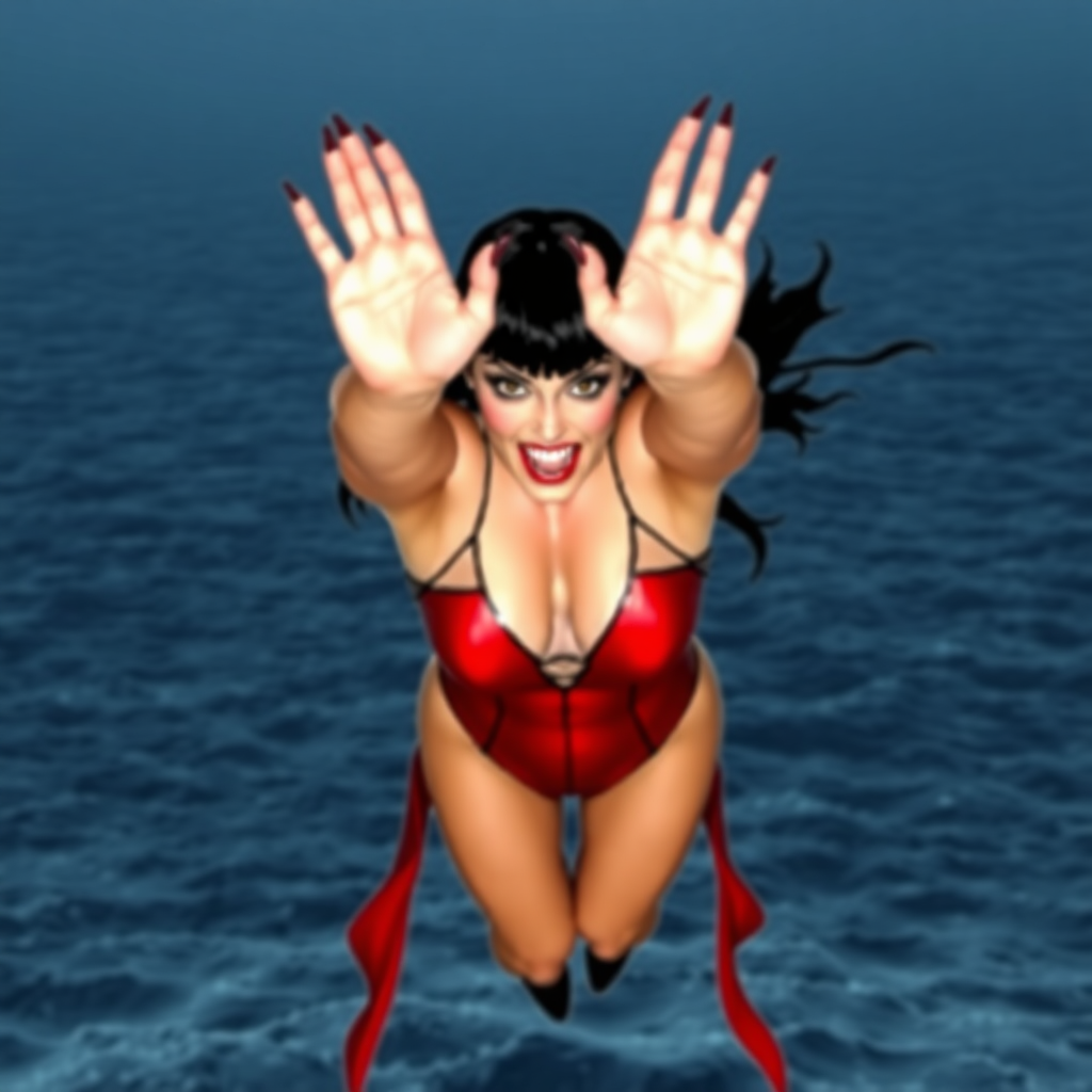 Create a HQ photographic image of Vampirella. She is flying with both hands extended over her head. She is facing the viewer. The background consists of a vast expanse of sea, with nothing else visible on the horizon. Her fangs are exposed. HD DSLR Photo