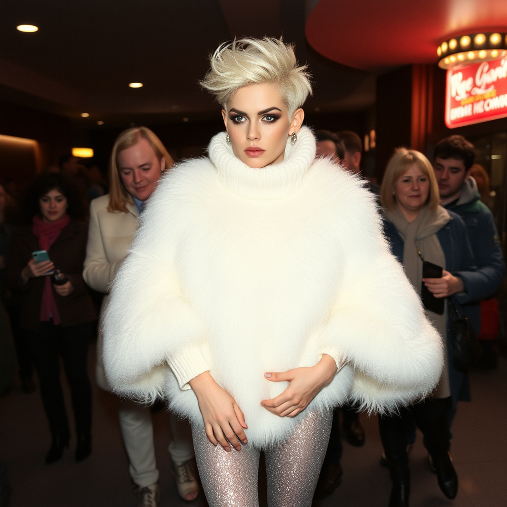 1990 winter evening, crowded cinema lobby: Sam, 19 years old beautiful involuntary femboy, rebellious intractable character, petite boyish figure, platinum blond boyish rebel punk hairstyle, flawless heavily made-up face with sharp arched tattooed eyebrows, wearing Supertanya-style fluffy very fuzzy bright white angora thigh-length turtleneck-poncho fully covering body and arms, silver-glitter leggings, black leather high-heeled pumps, silver earrings, puzzled alarmed, pout serious, impatiently waiting for her master. Other visitors watching laughing taking pictures. Full view of scene.