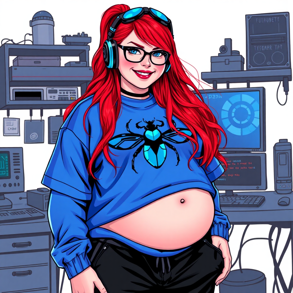 A cyberpunk vigilante's 28-year-old computer science major, nerdy, full-figured, heavily pampered computer hacker and tech-wiz girlfriend with long, ruby red hair. She wears maximum blue lipstick and has bright blue eyes. Her outfit includes an oversized maximum blue t-shirt (accentuating her prominent gargantuan midsection) featuring a blue gemstone beetle chest emblem. She sports black eyeglasses, black sweatpants, a sapphire headset with a maximum blue lensed HUD, with a beaming smile and neon red blush. Her full figure (especially her gargantuan midsection) shows the heavy extent of her doting pampering. She has a prominent, round, gargantuan midsection. Despite her build and lack of self-esteem, she radiates breathtaking beauty. She has an angular face, which accentuates her breathtaking radiant beauty. As her boyfriend's tech-wiz, she primarily works in his hideout, operating from her workbench and her computer desk. The background is solid white. She is drawn as if she was in a retro 2D cyberpunk fighting game.