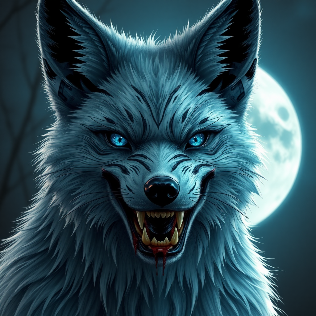 Photorealistic style ancient eerie-looking kitsune-silverfox with blue human eyes with baring teeth with blood on the fox teeth, in front of the full moon.