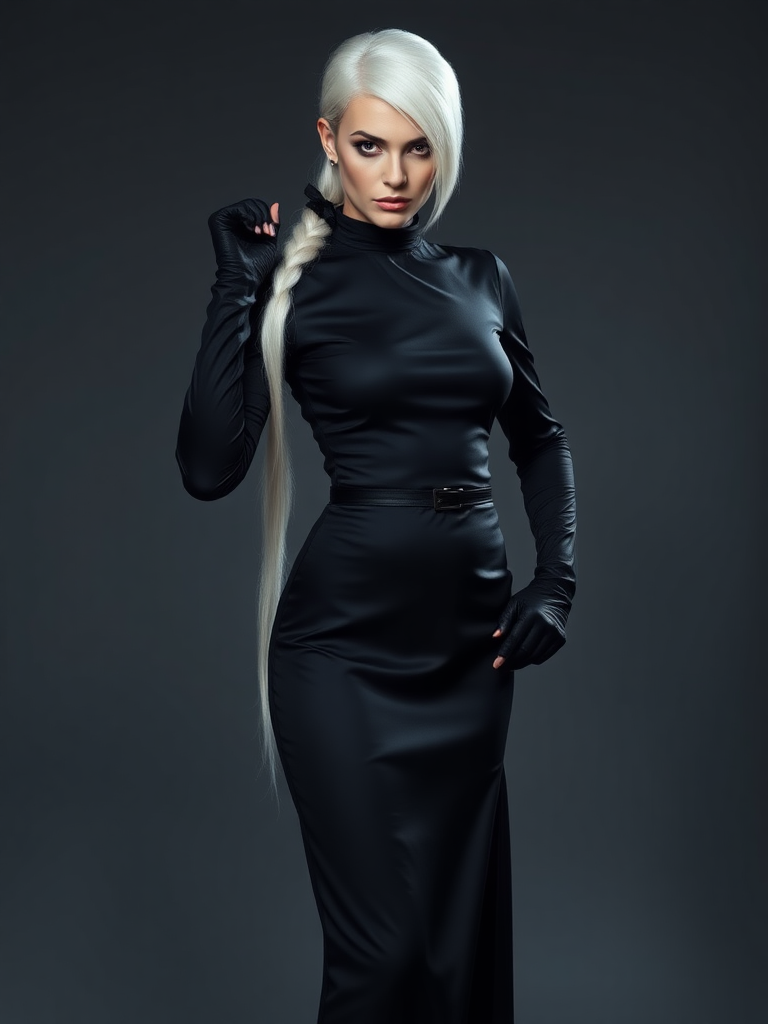 mature adult woman, skinny and tall, long legs, large shoulders, teardrop saggy small breast, long asymmetric undercut layered white hair, side swept bang, long white ponytail tied with a black lace, beautiful detailed face, piercing red eyes with intricate iris details, looking at the camera with a serious expression, wearing gothic style, black silk long sleeve top, black silk long skirt, black pantyhose, black gloves, black ankle boots, standing in a fierce pose with her head held high