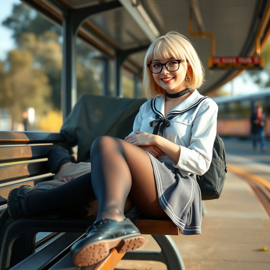 photorealistic, ultra high resolution, 16K, surreal fantasy, soft studio lighting, a pretty 18 year old goth male, slim male physique, short blonde hair, black glasses, goth makeup, earrings, shiny black pantyhose, UK girls-school uniform, Mary-Jane shoes, sitting on his boyfriend's lap on a bench waiting for the school bus, in daylight, excited smile, facing the camera.