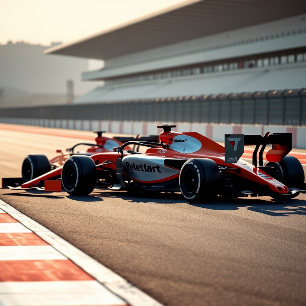 one F1 MCLAREN car photoshoot in race track background from right to left