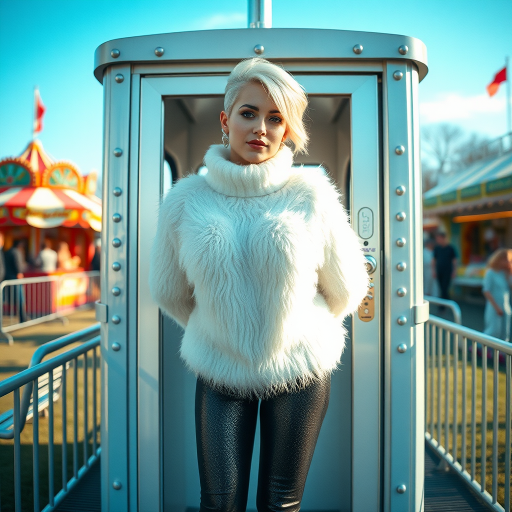 Amusement park “kissing booth”, sunny spring Sunday morning. Sam, 19 years old beautiful involuntary femboy, rebellious intractable character, petite boyish figure, platinum blond boyish rebel punk hairstyle, flawless heavily made-up face with sharp arched tattooed eyebrows, wearing Supertanya-style fluffy very fuzzy bright white angora thigh-length turtleneck-poncho fully covering body and arms, silver-glitter leggings, black leather high-heeled pumps, silver earrings, both hands tied to pole behind back, standing inside kissing booth, waiting for next customer to kiss. Focus on Sam’s face and turtleneck-poncho.