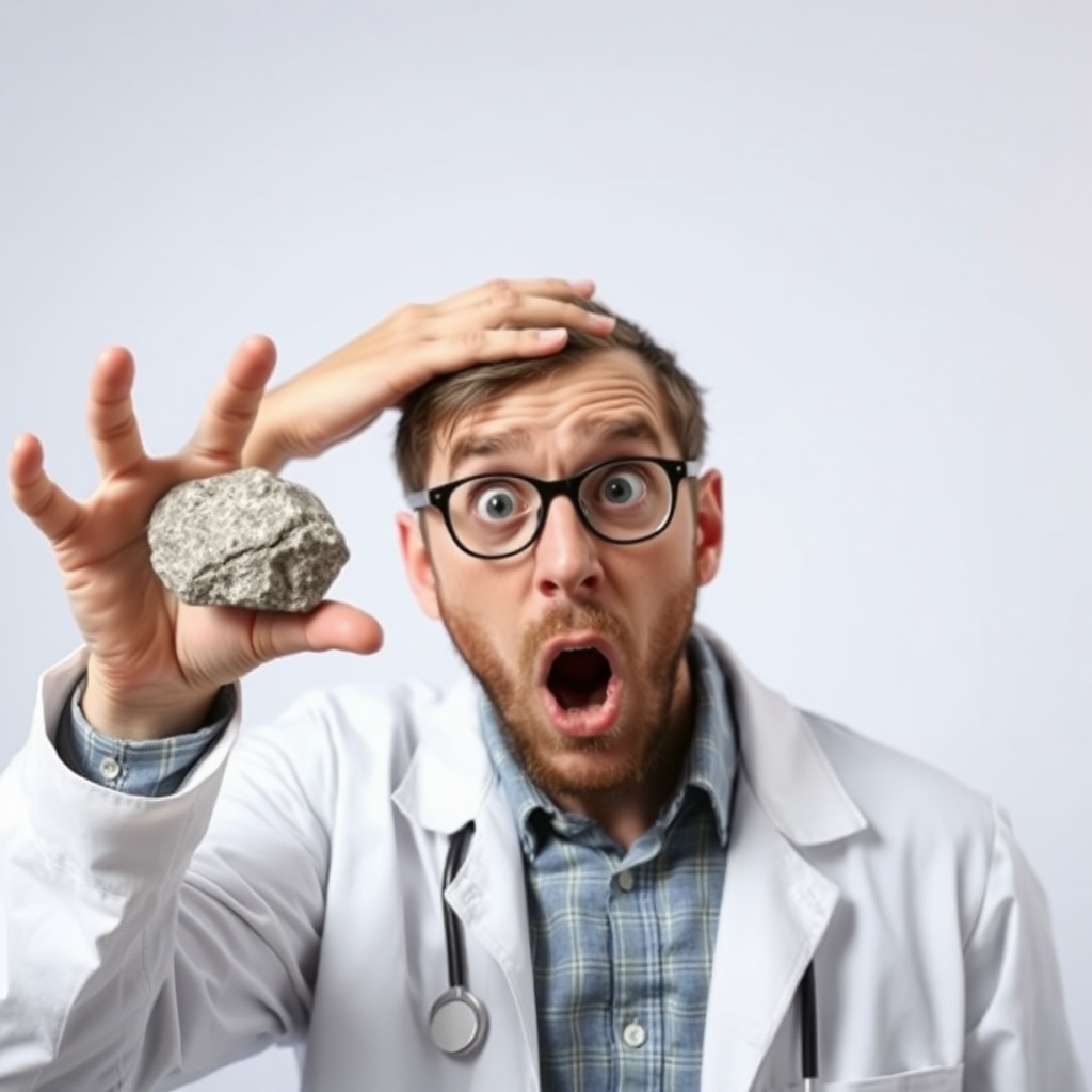 a very surprised scientist looking a normal rock in his hand very curiously and overreacting, showing utter astonishment, with the other hand on his head