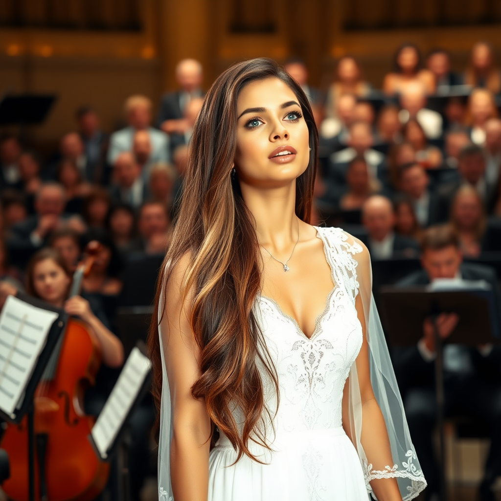 A young woman singing loud and emotional. A large orchestra in the background. She stands in the middle of the stage. Long brunette hair with highlights falling to her shoulders, bright blue eyes. Suntanned skin. Small lips colored pale rose. Wearing an elegant long white dress with transparent lace and white pumps. Fine necklace and a bracelet. Photo from some distance.