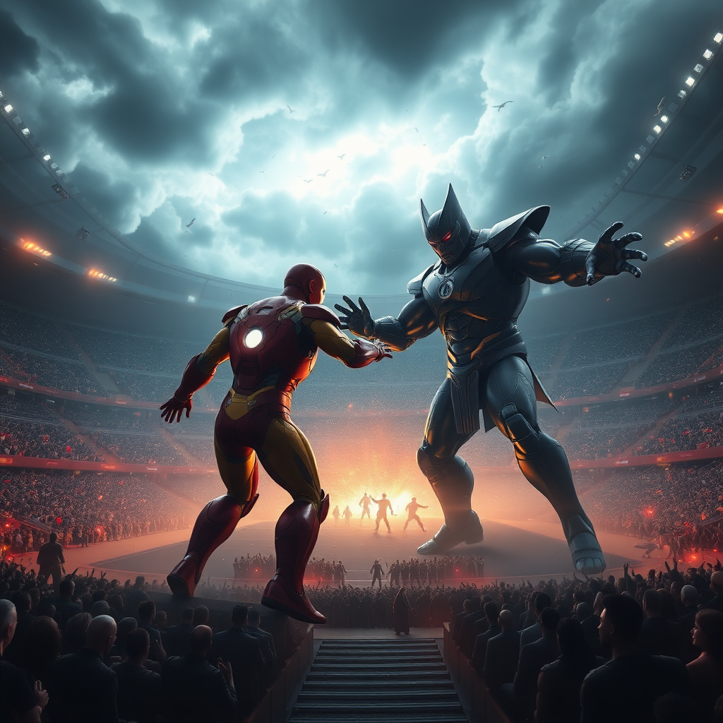 In the center of a vast stadium, Iron Man faces off in a fierce battle with Darkseid. The 3D rendered image is stunningly photorealistic, every detail brought vividly to life. A magical, ethereal glow surrounds the scene, casting intricate dramatic shadows on the combatants beneath a stormy sky. The impeccable quality of the rendering immerses viewers in the epic clash between these legendary figures, creating a truly mesmerizing visual experience.