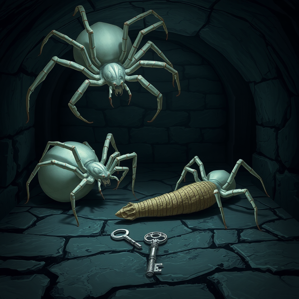 A dark basement medieval cellar with two large white spiders with red highlights crawling around and a long cocoon in the center of the floor with a silver key sitting beside the cocoon.