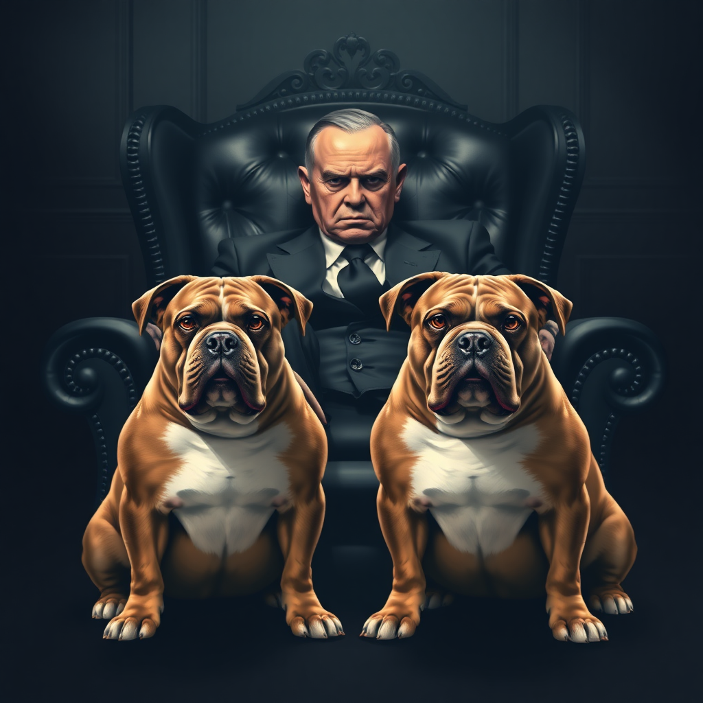 Simple seal design  
Two pit bulls are sitting at his feet. The mafia boss is glaring straight ahead. The mafia boss is sitting in a black, luxurious chair. The image has a dim atmosphere.