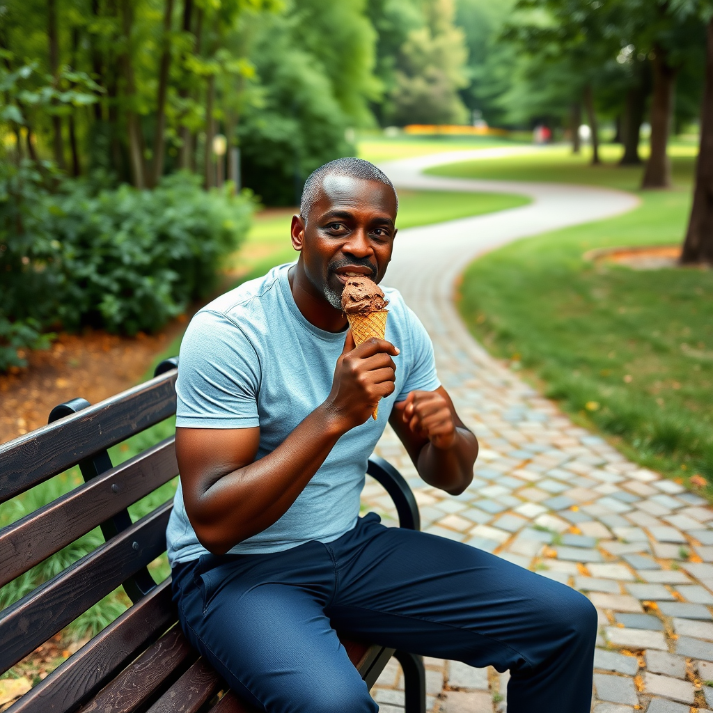 An athletic older black male is sitting on a park bench eating a chocolate ice cream cone. There’s a cobble stone path winding through the park, and a verdant forest off to the left side of the man.