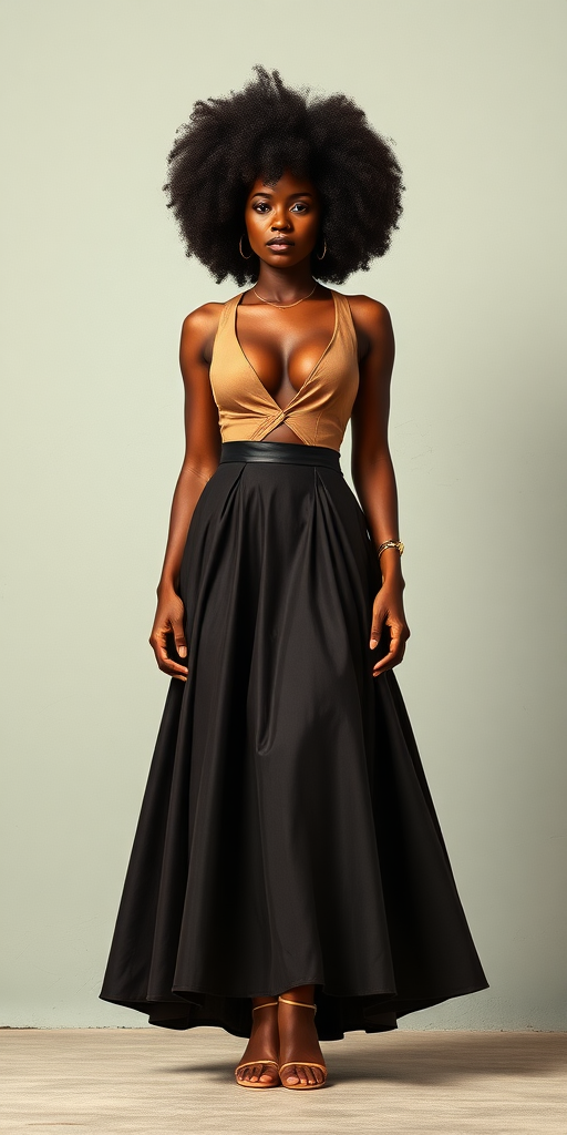 a fullbody photo of an african woman with big breasts with an afro wearing a high waisted skirt and a top with a deep V-line cutout