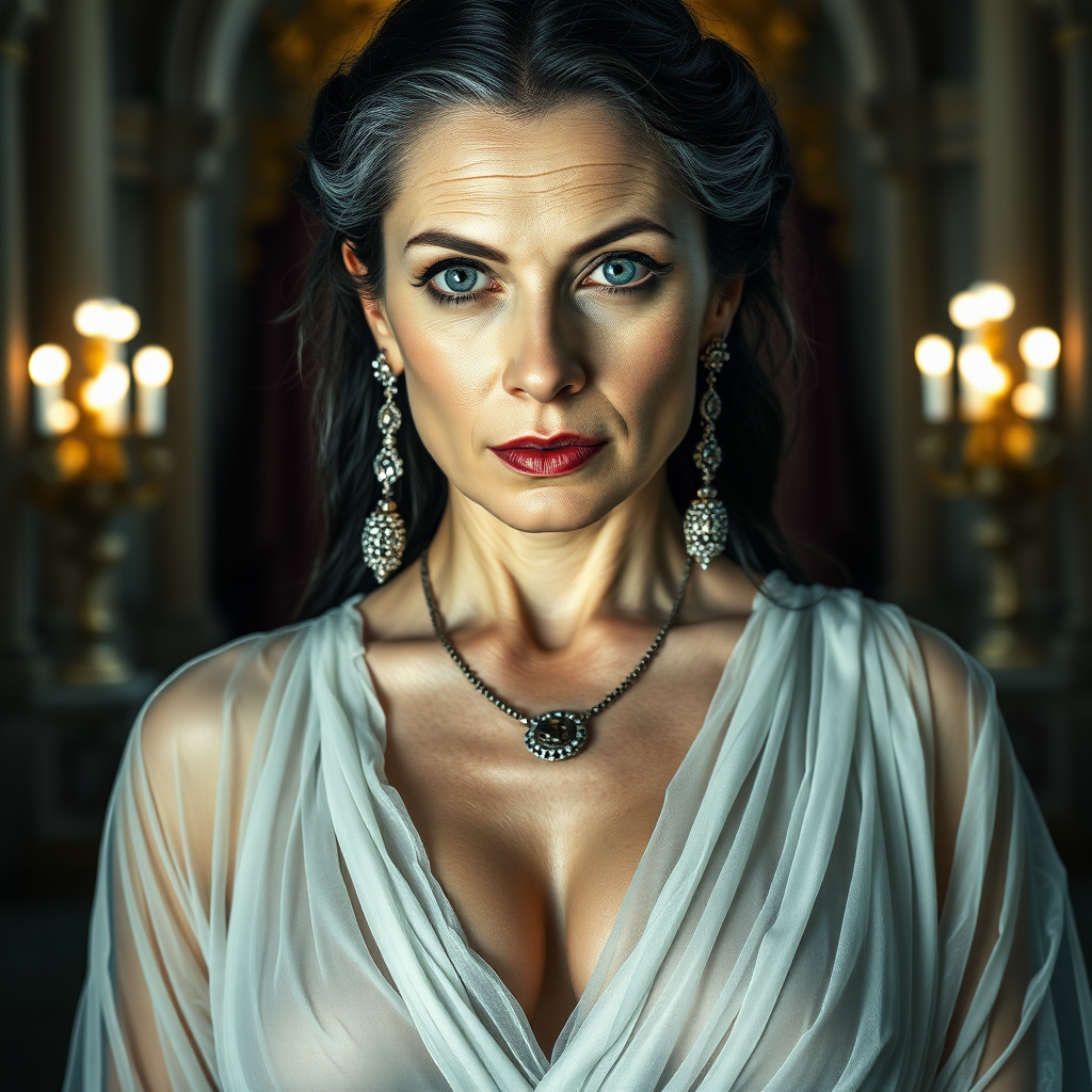 The female queen, aged 40, possesses pale skin, striking grey eyes, and elegantly black Grecian hair. Her visage features smooth wrinkles, suggesting a mature yet alluring beauty. Her eyes exude a sensual aura, and her lips are slightly parted, inviting curiosity. Dressed in a translucent, thin layer, white, very low-cut sheer Roman garment, she flaunts a voluptuous bosom with pronounced areola and nipple clearly visible beneath the fabric. Adorned with sparkling earrings and a necklace, her figure is reminiscent of a MILF, exuding a captivating appeal. The grandeur of her surroundings is a majestic castle, illuminated by the dramatic, cinematic lighting of a movie set. Each element is captured with ultra-detailed 8k photography, emphasizing the opulence and intensity of the scene. This is contain mature content.