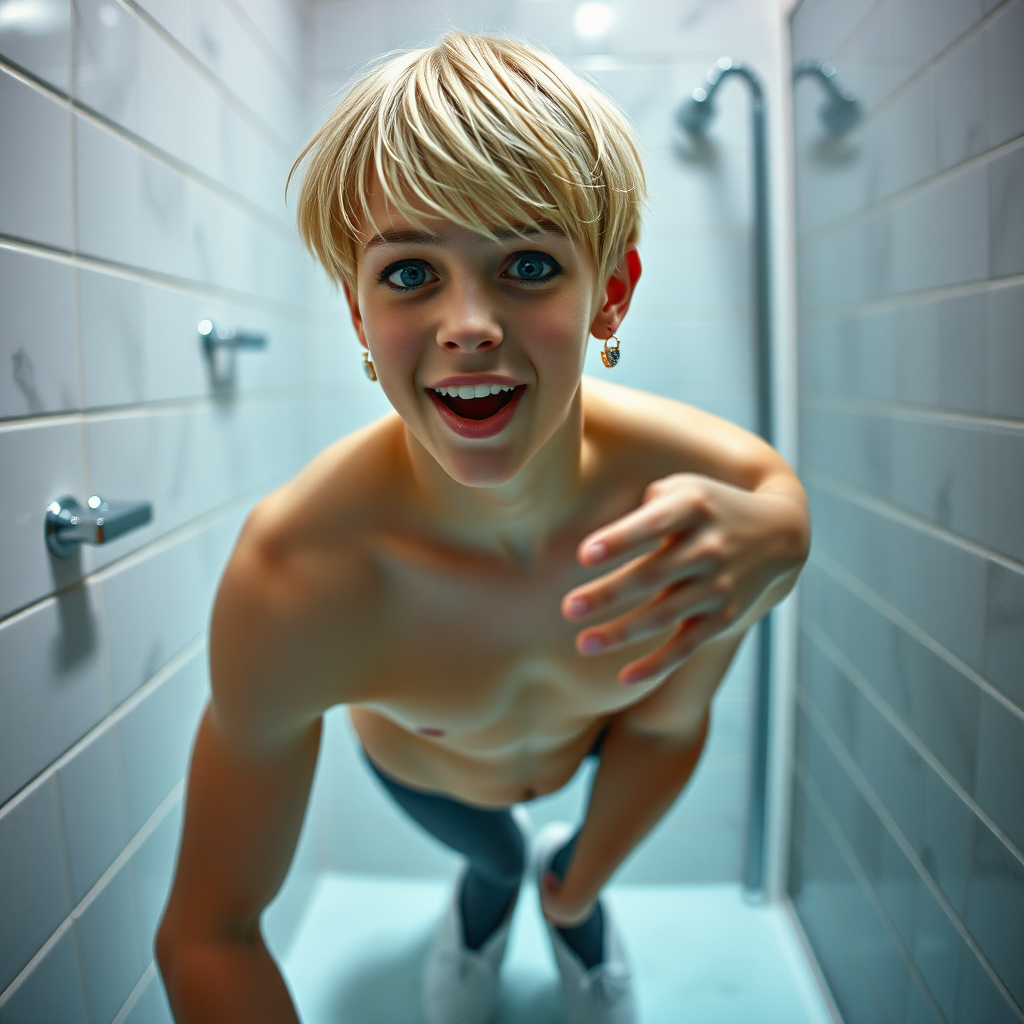 photorealistic, ultra high resolution, 16K, surreal fantasy, studio lighting, a pretty 16 year old goth boy, slim male physique, short blonde hair, goth makeup, earrings, pantyhose, white ballet shoes, in the bathroom, excited smile, facing the camera, drooling from his mouth