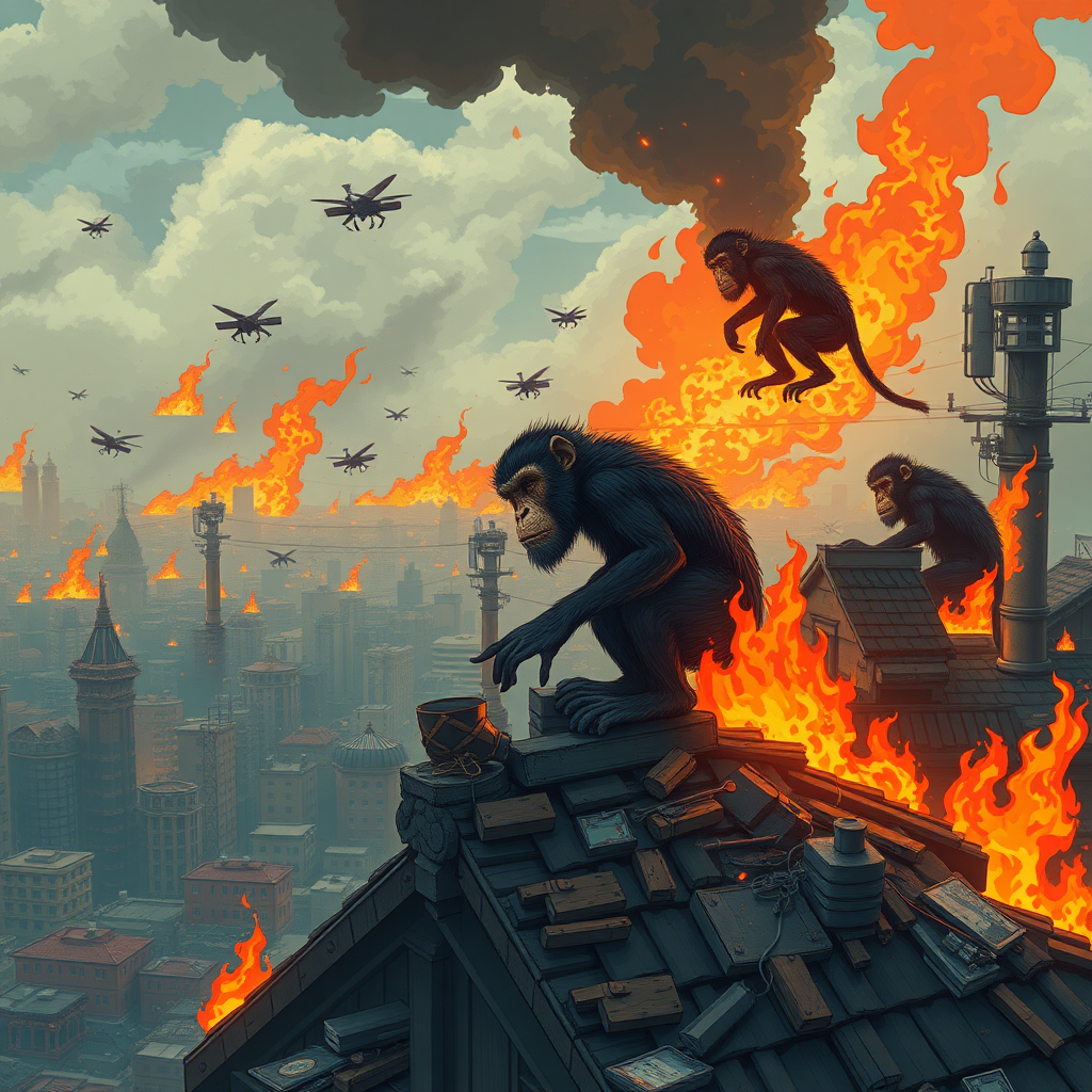 ANIME STYLED., GENERATE MONKEY DOOOMSDAY, CITIES ON FIRE, HUMAN DEAD CORPSES ABLAZE, THOUSANDS OF Big to small VISCOUS INSANE MONKEYS EVERYWHERE!! THEY ARE CRAWLING ON ROOFS, POOPING, DESTROYING, EATING, THROWING DYNAMITES