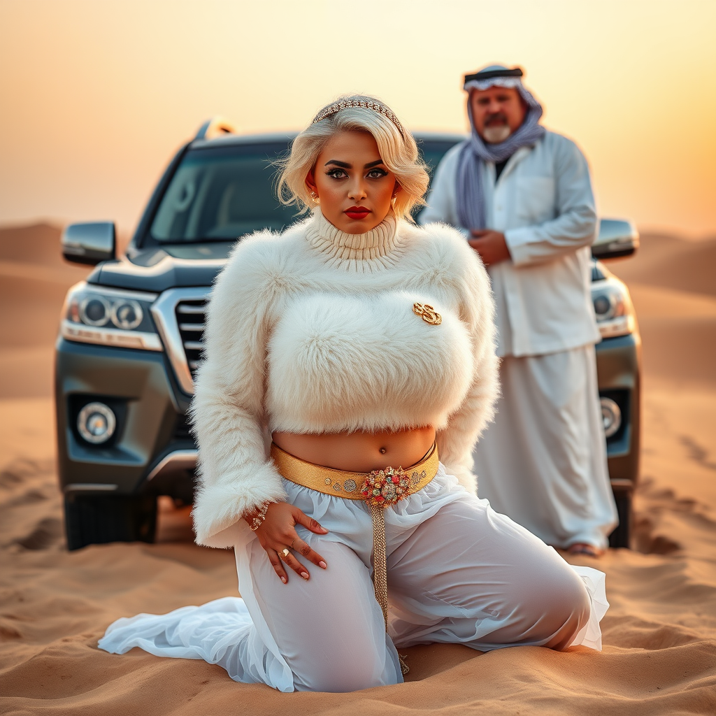 Kuwait desert dunes misty dawn, full size luxury SUV: Melissa, European 17 years old very convincing femboy “trophy-bimbo”, tamed servile docile, very beautiful feminine flawless face, rather short, by hormones very curvaceous womanly figured, platinum blond short tight curls, bold red lips, heavily made-up face, wearing Supertanya-style fluffy very fuzzy bright white angora turtleneck-poncho cropped ending under bust decorated with pearls and gemstones, striking oriental wide gold bridal protection belt, white fully transparent harem pants, full Oriental bridal jewelry including headpiece, nose-ring, coin anklets, striking diamond “$$$” letter brooch on left chest, pout frustrated, hands tied behind back, kneeling in sand in front of SUV, looking at camera. Focus on face and turtleneck-poncho. Standing behind Melissa: older overweight tall proud sheik, approvingly padding Melissa.