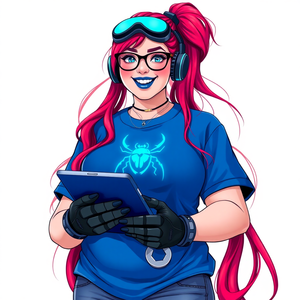 A full-sized, intelligent and tech-savvy 28-year-old computer hacker and tech genius. She has a long ruby red ponytail. She wears maximum blue lipstick, blue eyes, a sapphire beetle gemstone necklace, sapphire earrings, black eyeglasses, hi-tech power gloves, and a gigantic oversized maximum blue t-shirt featuring a neon blue glowing beetle chest icon. She has a full-figured physique with a gargantuan, round midsection, reflecting her well-cared-for lifestyle. She sports a sapphire headset with a hi-tech maximum turquoise lensed HUD, and a beaming smile accentuated by a passionate neon red blush. She serves as his tech expert from his hideout, holding a futuristic tool wrench and a futuristic digital tablet. The background is solid white. She is drawn as if she was in a retro 2D cyberpunk fighting game.