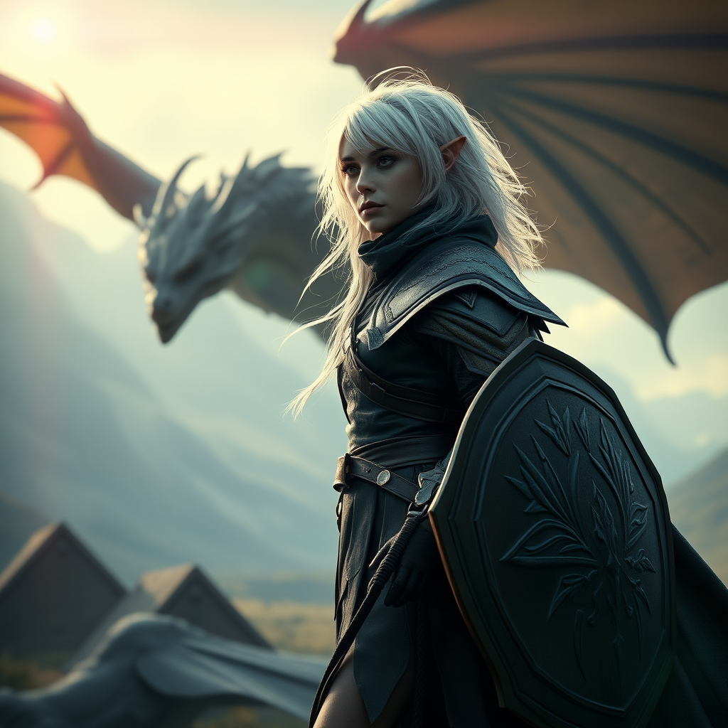 A twenty-something elf girl like (ana de armas). messy shoulder length white hair. wide triangular shoulder pads, flowing cloak, leather armor, shield, skirt, high heel ankle boots. she is looking towards a dragon flying in the background. WLOP style. Photorealistic digital matte painting, highly detailed, film grain, lens flare, chromatic aberration.