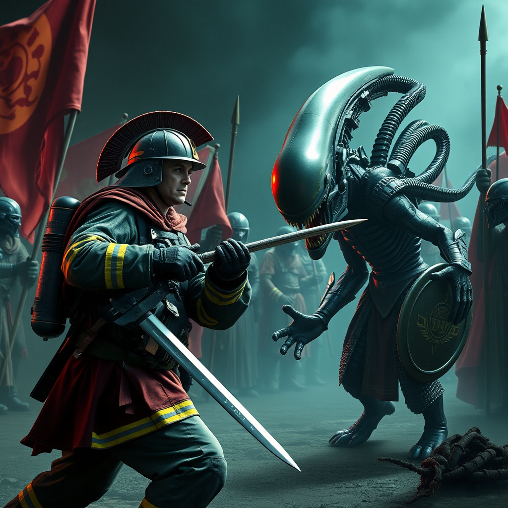 A firefighter leading a Roman legion fighting against a xenomorph from Alien.