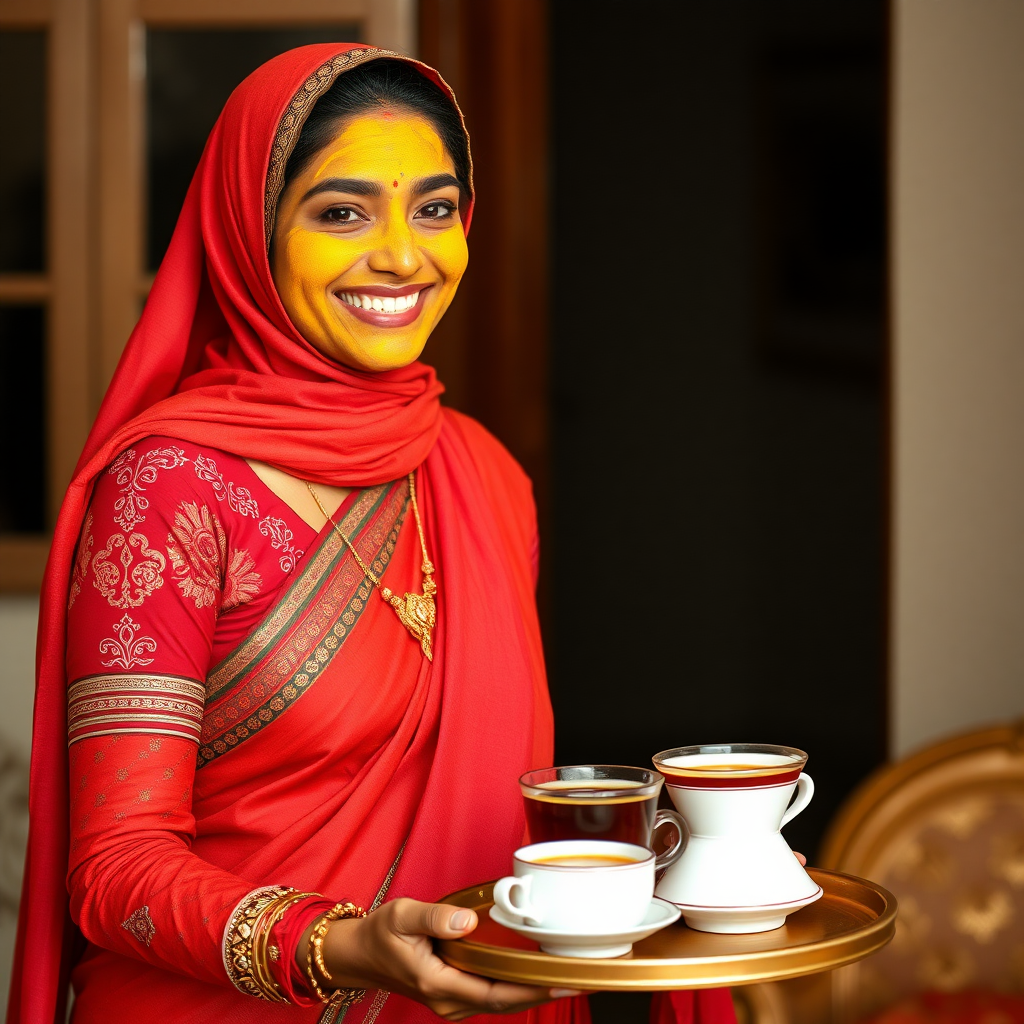 slim, 30 year old, sexy, traditional indian wife, hijab, turmeric face mask. She is smiling and serving coffee on a tray to guests.